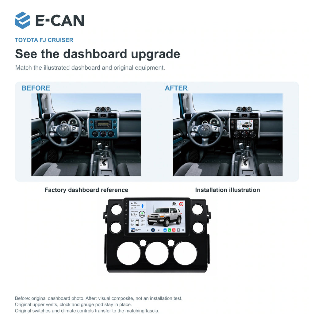 E-CAN Toyota fj-cruiser 9-inch · 2007–2018 matched fascia factory dashboard and installation illustration