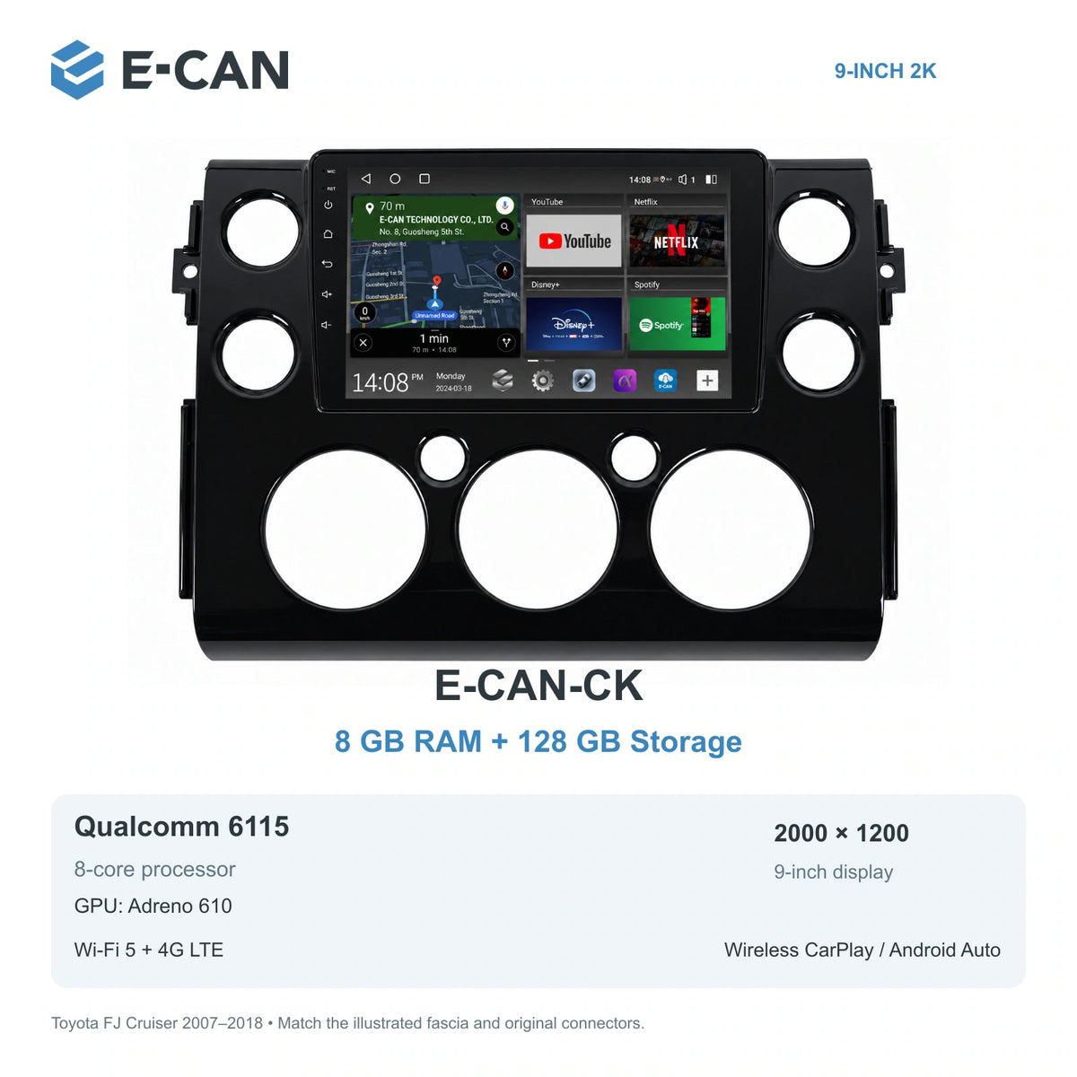 E-CAN Toyota fj-cruiser 9-inch · 2007–2018 matched fascia E-CAN-CK 8GB + 128GB