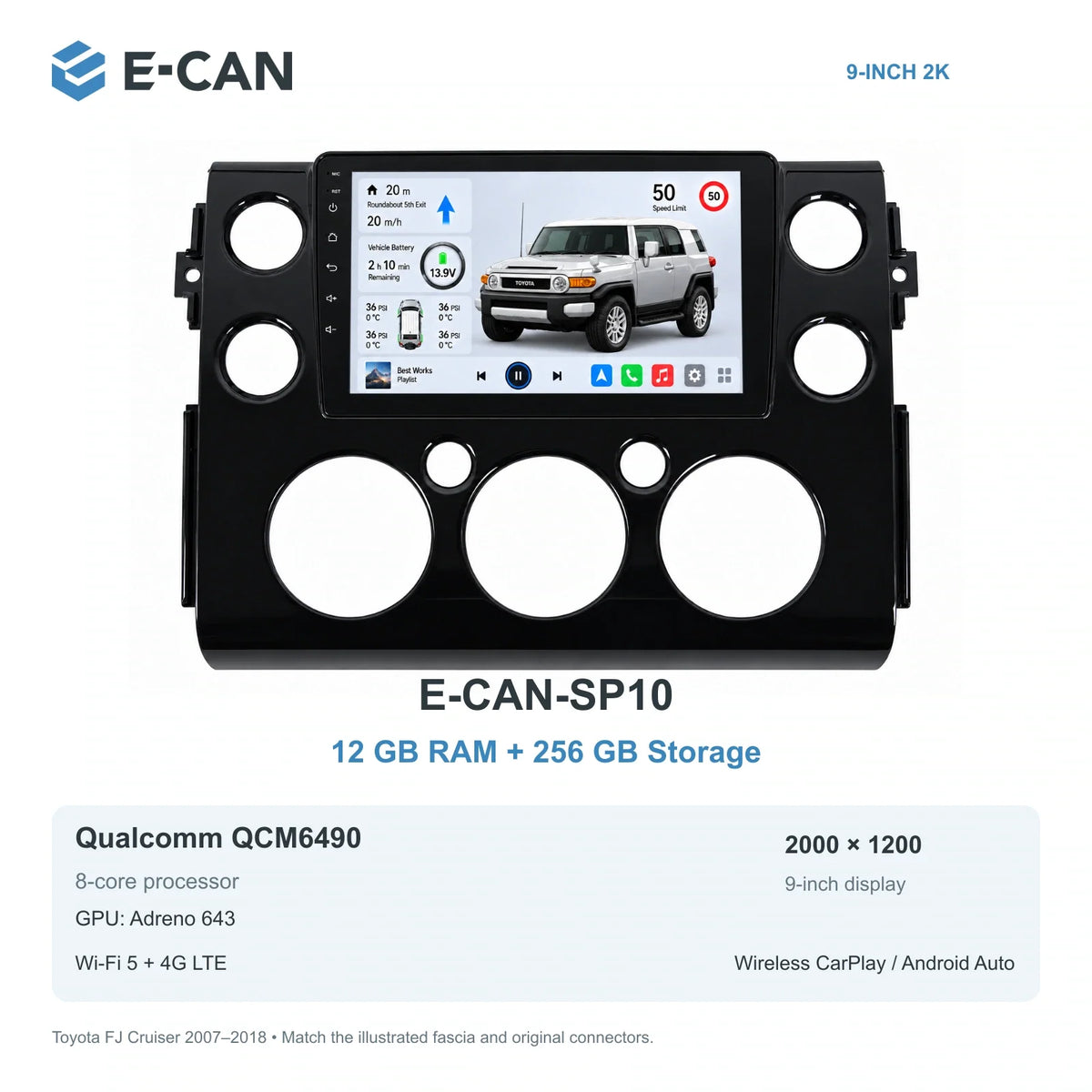 E-CAN Toyota fj-cruiser 9-inch · 2007–2018 matched fascia E-CAN-SP10 12GB + 256GB