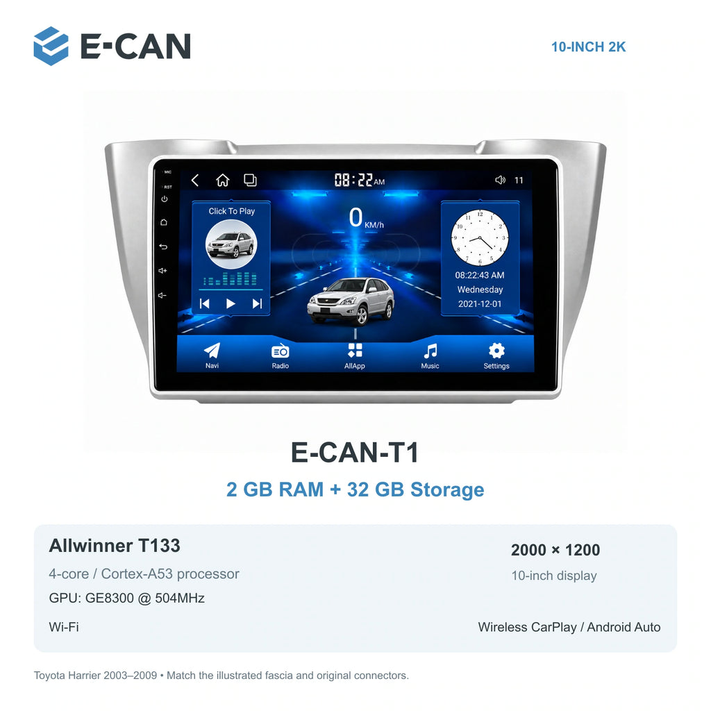 E-CAN Toyota harrier 10-inch · 2003–2009 matched fascia E-CAN-T1 2GB + 32GB