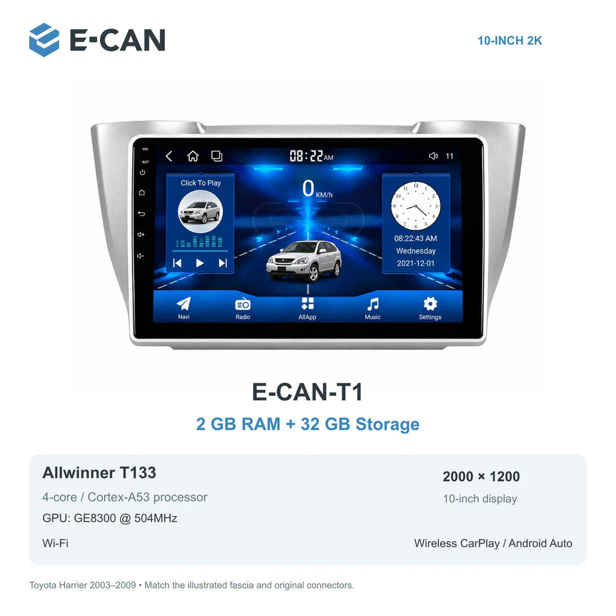 E-CAN Toyota harrier 10-inch · 2003–2009 matched fascia E-CAN-T1 2GB + 32GB