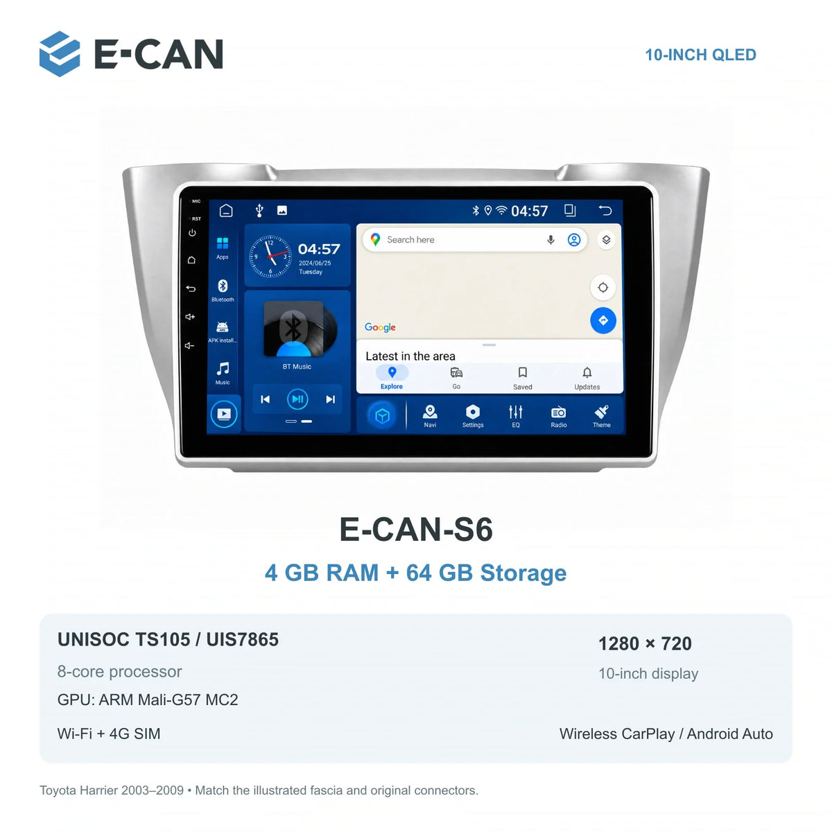 E-CAN Toyota harrier 10-inch · 2003–2009 matched fascia E-CAN-S6 4GB + 64GB