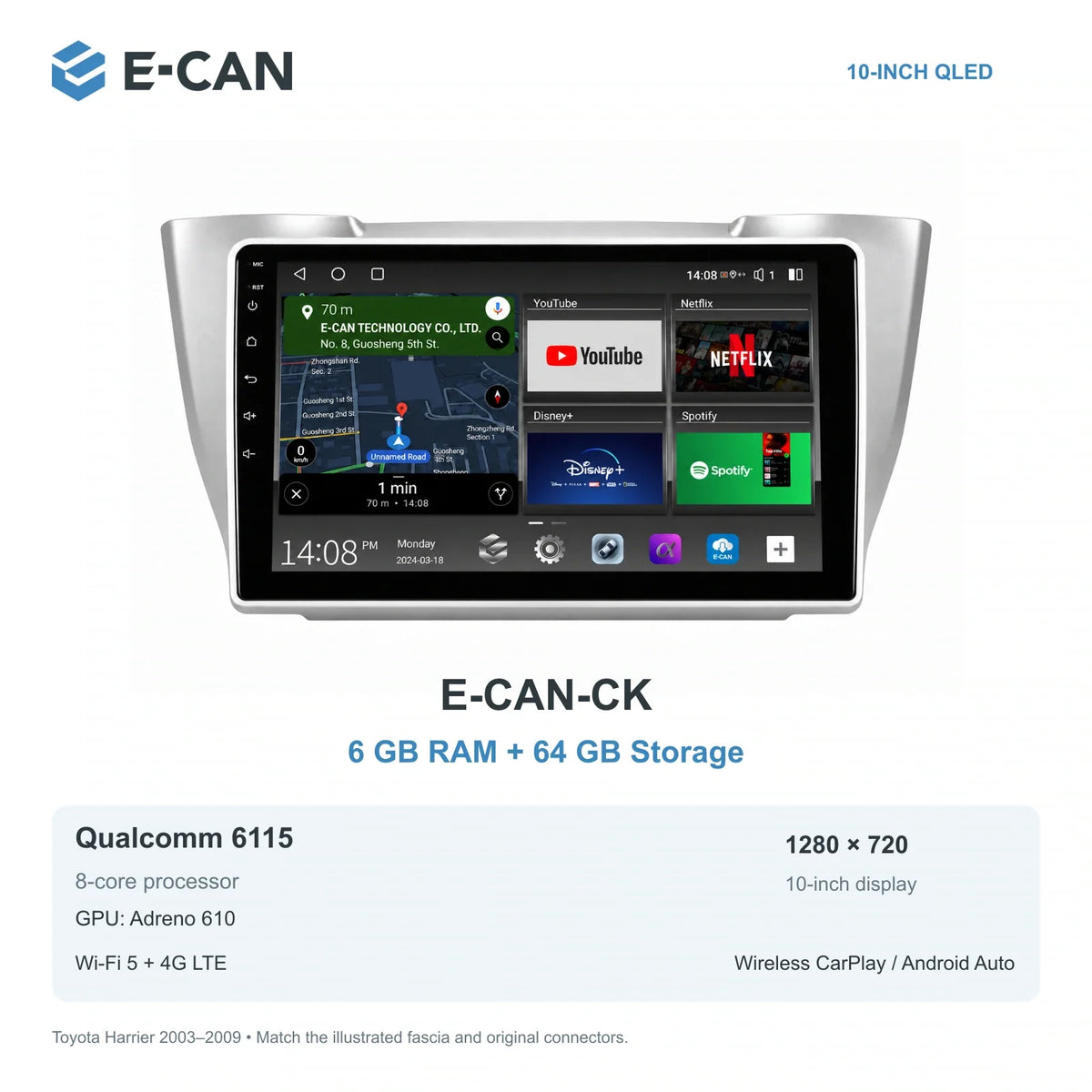 E-CAN Toyota harrier 10-inch · 2003–2009 matched fascia E-CAN-CK 6GB + 64GB