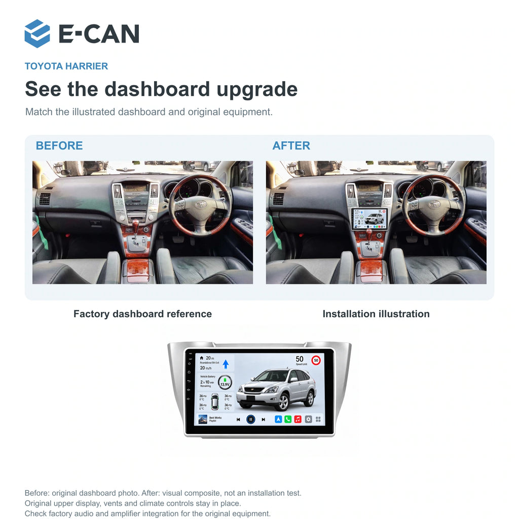 E-CAN Toyota harrier 10-inch · 2003–2009 matched fascia factory dashboard and installation illustration