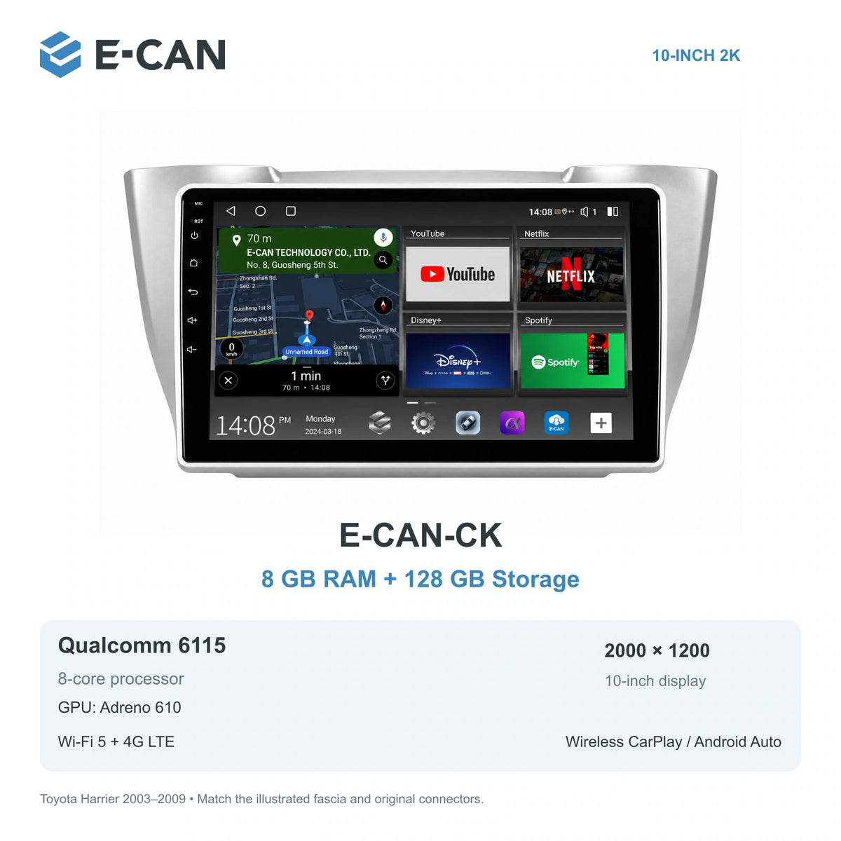 E-CAN Toyota harrier 10-inch · 2003–2009 matched fascia E-CAN-CK 8GB + 128GB