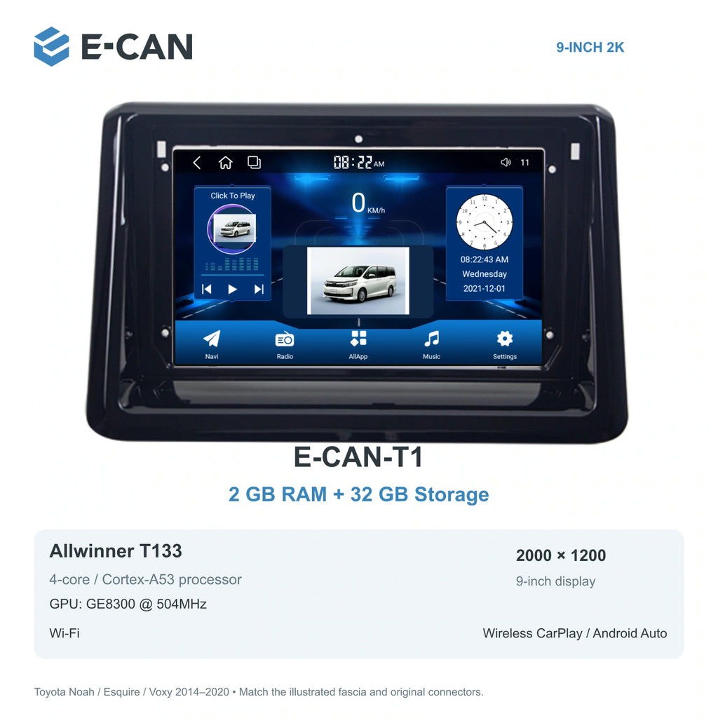 E-CAN Toyota noah-esquire-voxy 9-inch · 2014–2020 matched fascia E-CAN-T1 2GB + 32GB