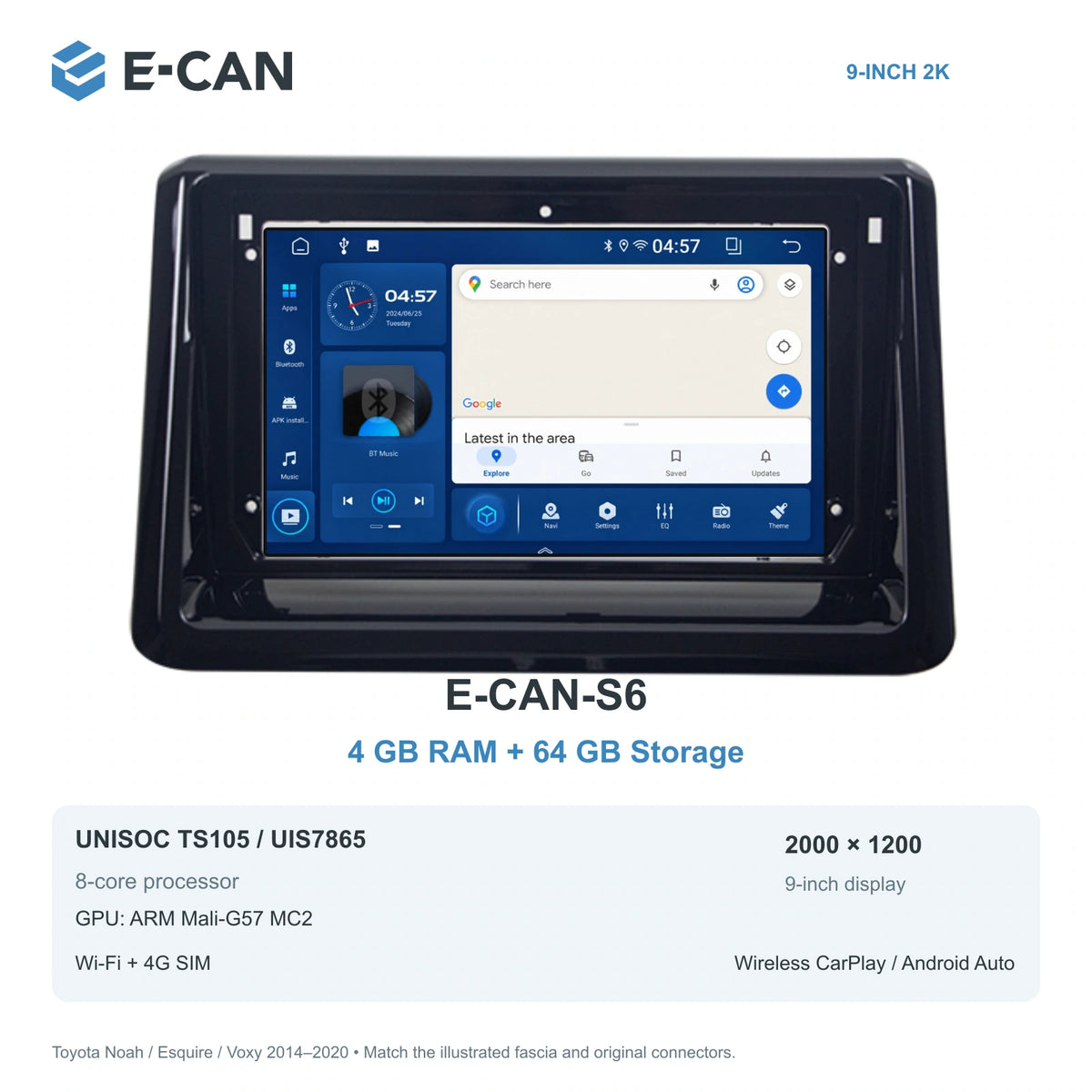 E-CAN Toyota noah-esquire-voxy 9-inch · 2014–2020 matched fascia E-CAN-S6 4GB + 64GB