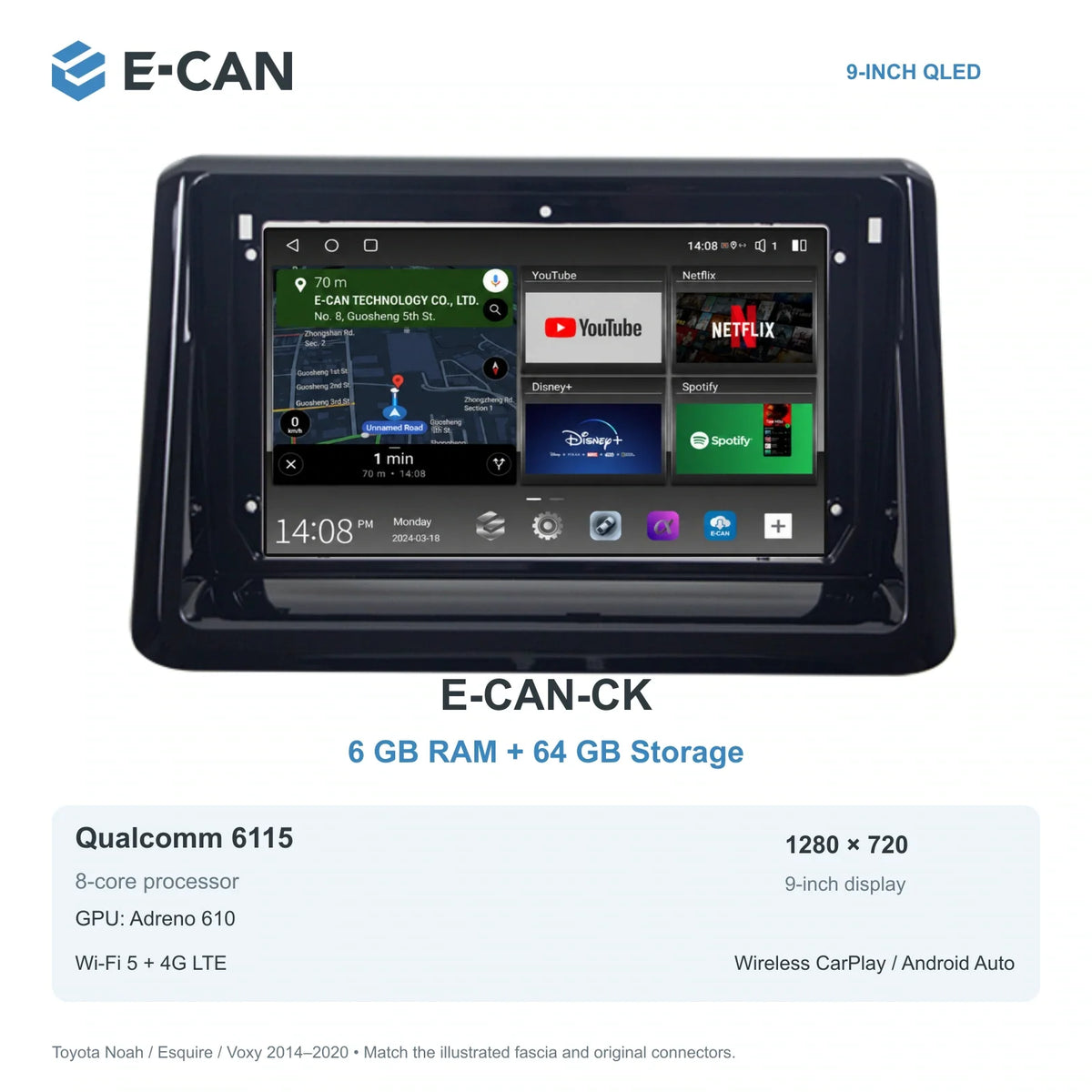E-CAN Toyota noah-esquire-voxy 9-inch · 2014–2020 matched fascia E-CAN-CK 6GB + 64GB