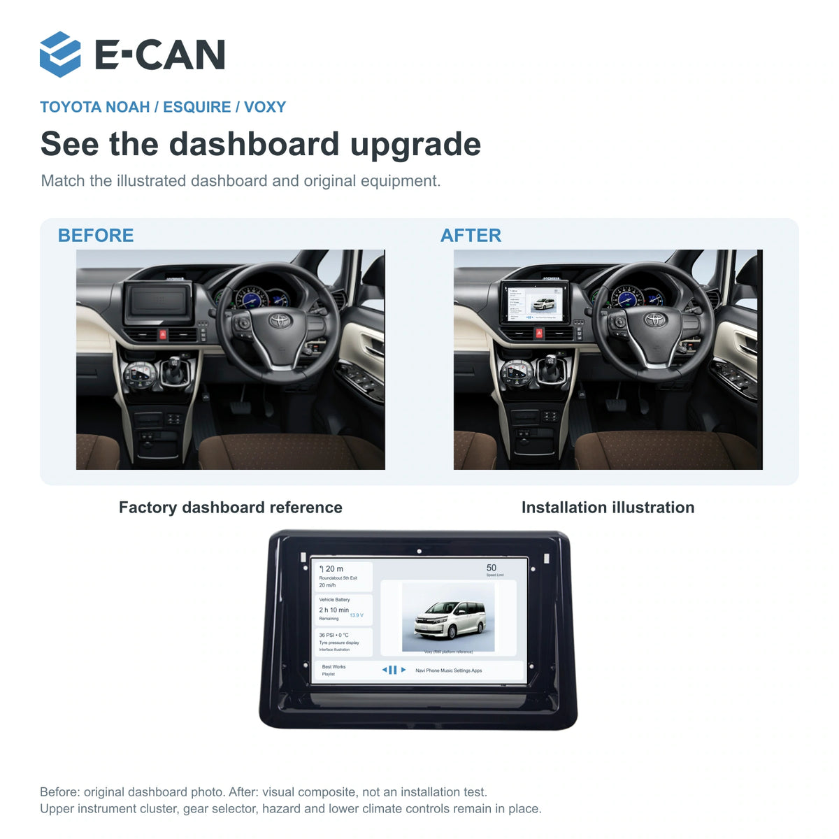 E-CAN Toyota noah-esquire-voxy 9-inch · 2014–2020 matched fascia factory dashboard and installation illustration