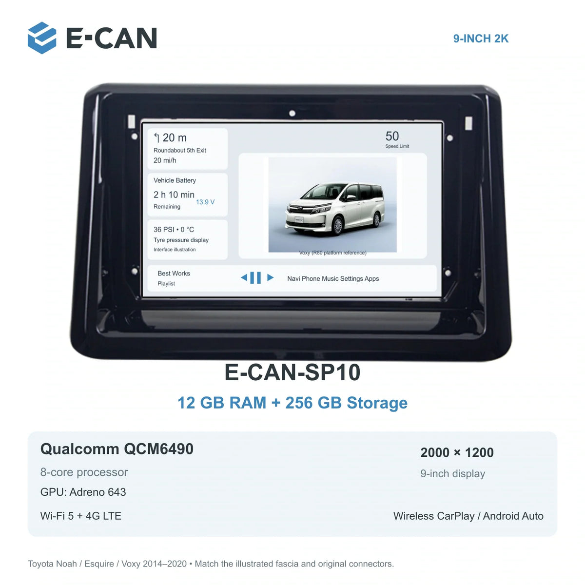 E-CAN Toyota noah-esquire-voxy 9-inch · 2014–2020 matched fascia E-CAN-SP10 12GB + 256GB