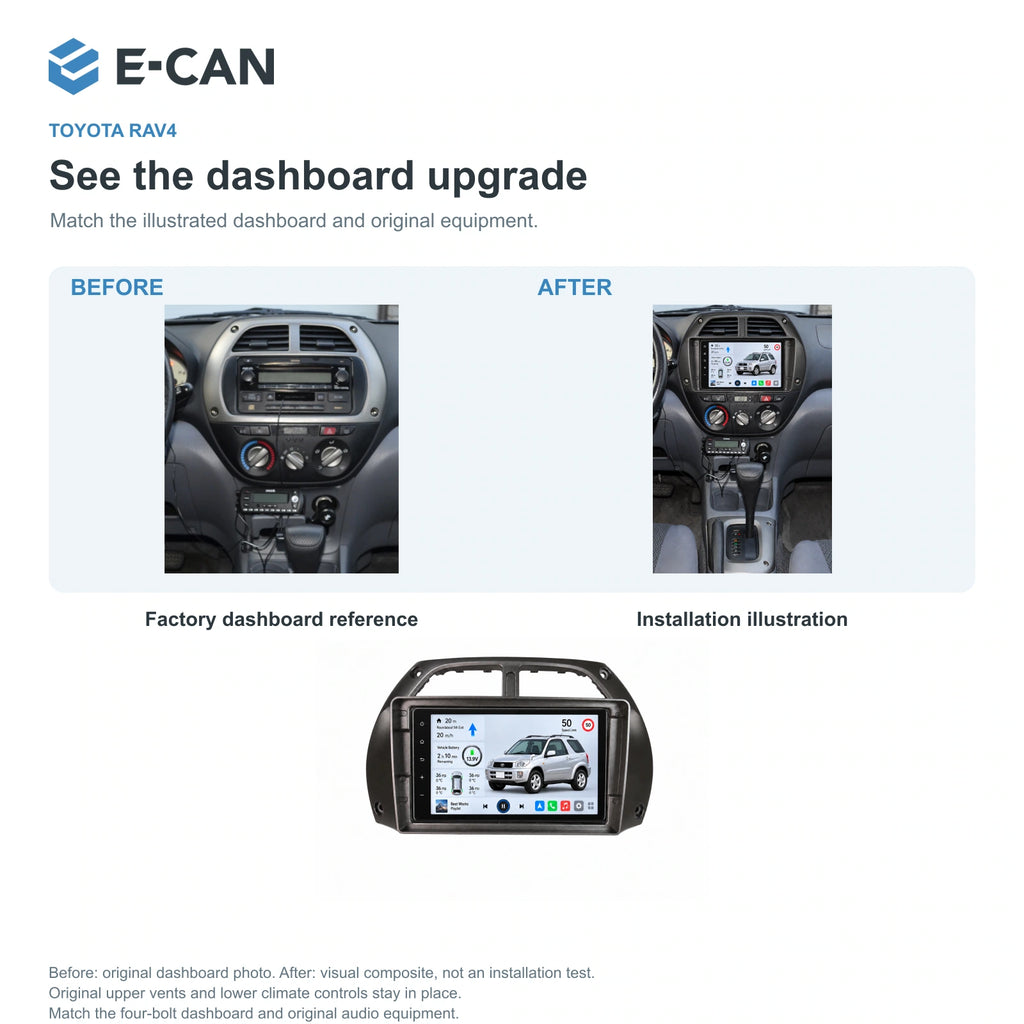 E-CAN Toyota rav4 9-inch · 2001–2004 matched fascia factory dashboard and installation illustration