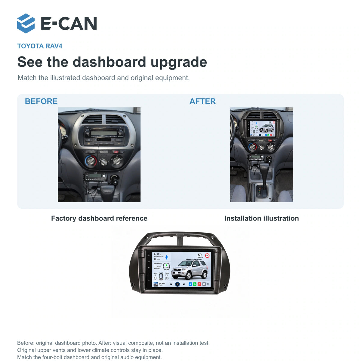 E-CAN Toyota rav4 9-inch · 2001–2004 matched fascia factory dashboard and installation illustration