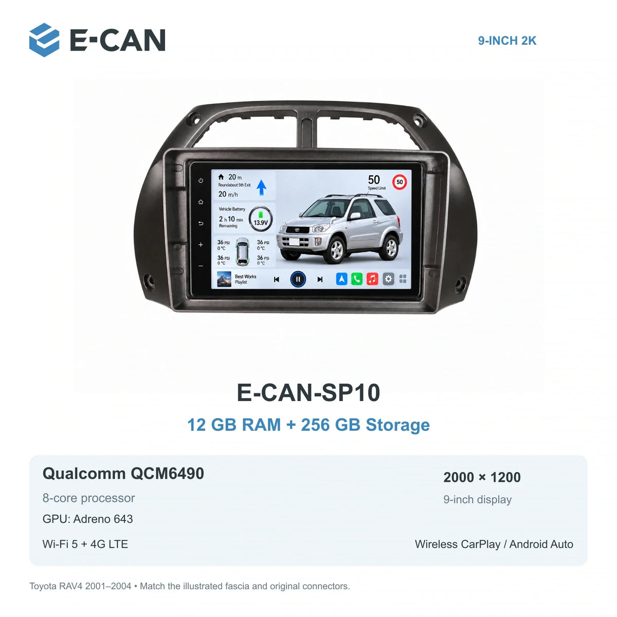 E-CAN Toyota rav4 9-inch · 2001–2004 matched fascia E-CAN-SP10 12GB + 256GB