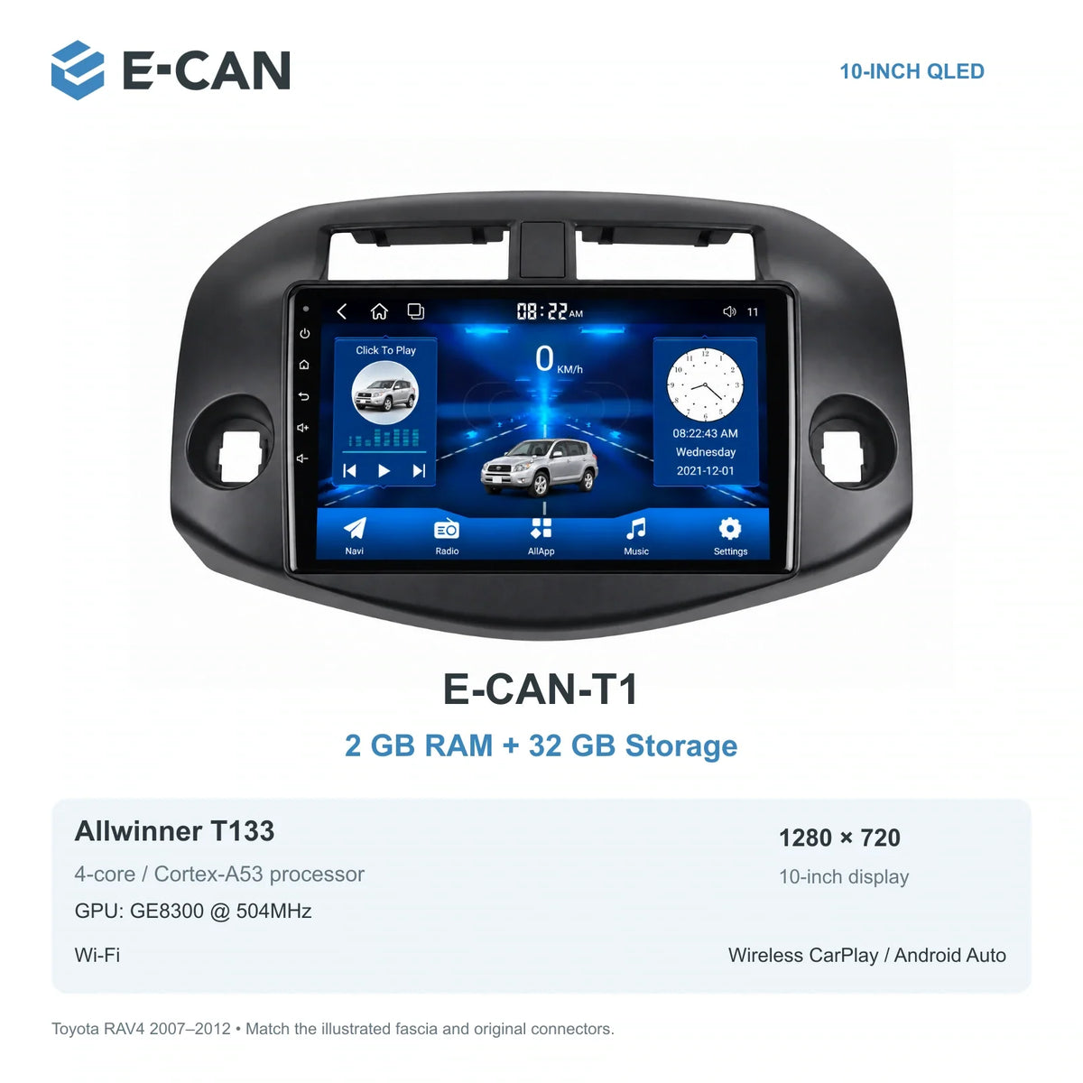 E-CAN Toyota rav4 10-inch · 2007–2012 matched fascia E-CAN-T1 2GB + 32GB