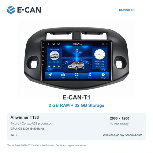 E-CAN Toyota rav4 10-inch · 2007–2012 matched fascia E-CAN-T1 2GB + 32GB