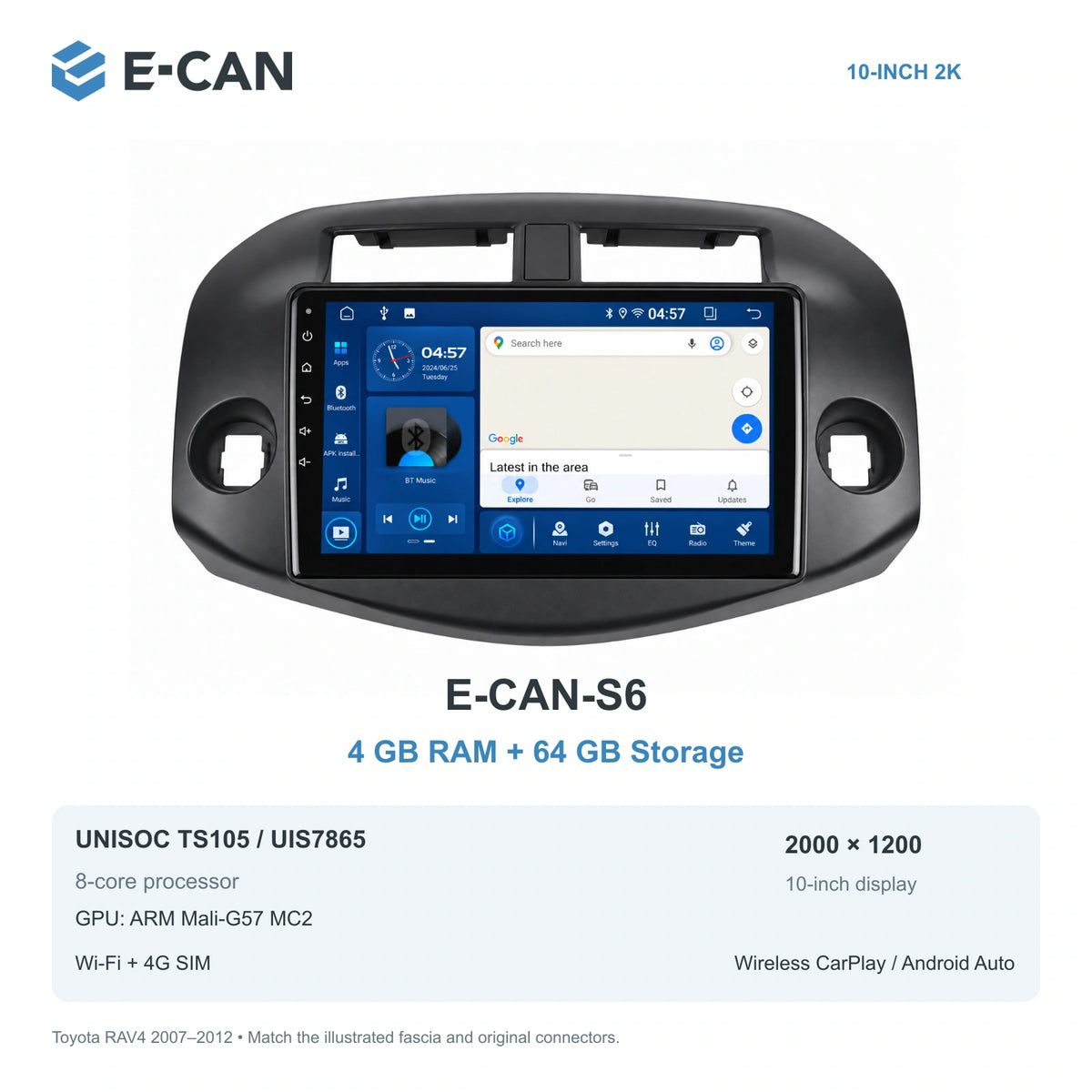 E-CAN Toyota rav4 10-inch · 2007–2012 matched fascia E-CAN-S6 4GB + 64GB