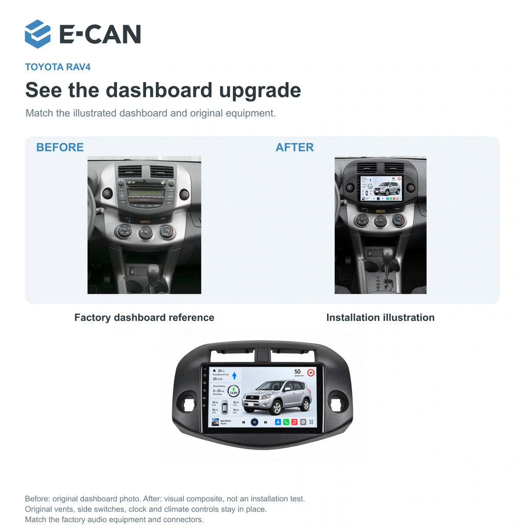 E-CAN Toyota rav4 10-inch · 2007–2012 matched fascia factory dashboard and installation illustration