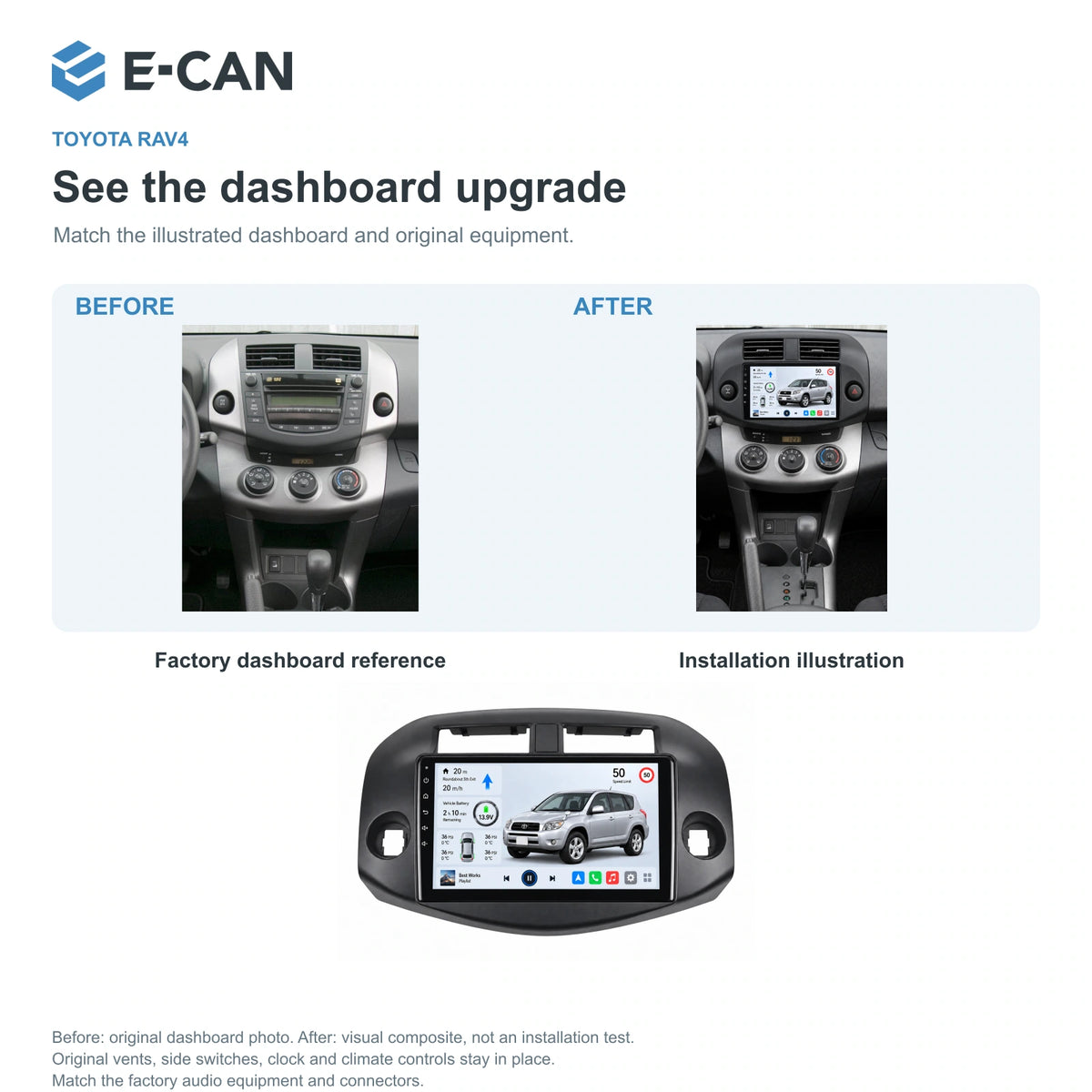 E-CAN Toyota rav4 10-inch · 2007–2012 matched fascia factory dashboard and installation illustration
