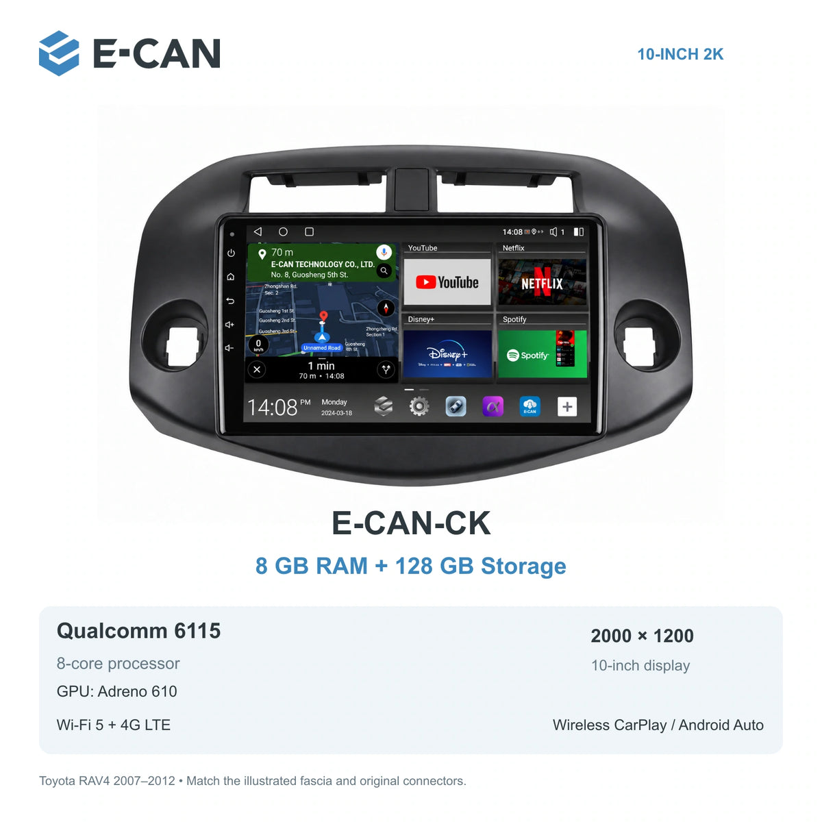 E-CAN Toyota rav4 10-inch · 2007–2012 matched fascia E-CAN-CK 8GB + 128GB