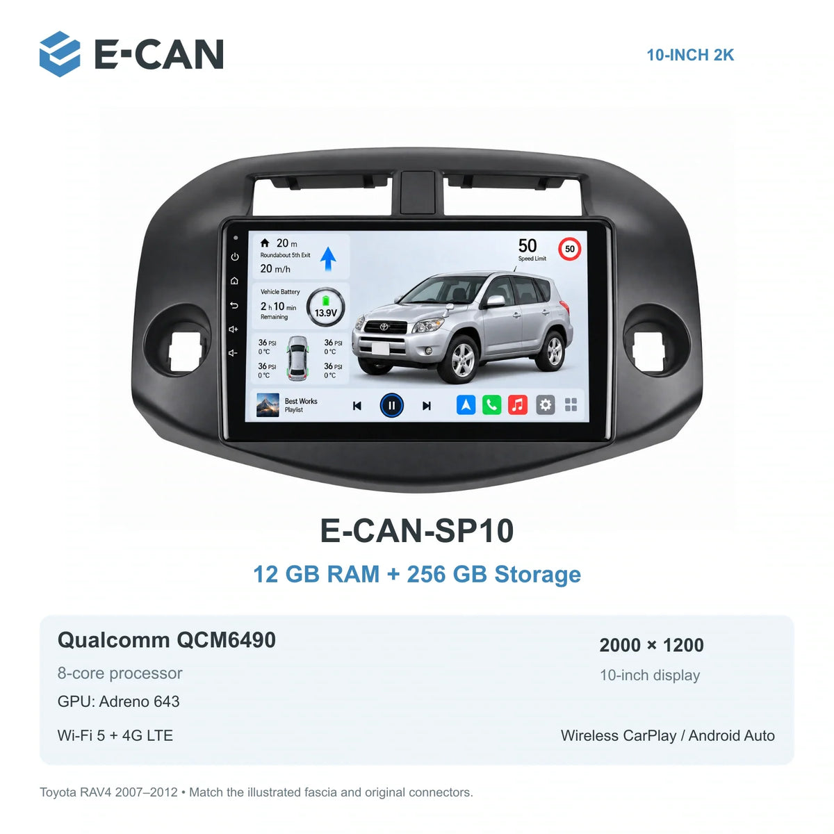 E-CAN Toyota rav4 10-inch · 2007–2012 matched fascia E-CAN-SP10 12GB + 256GB