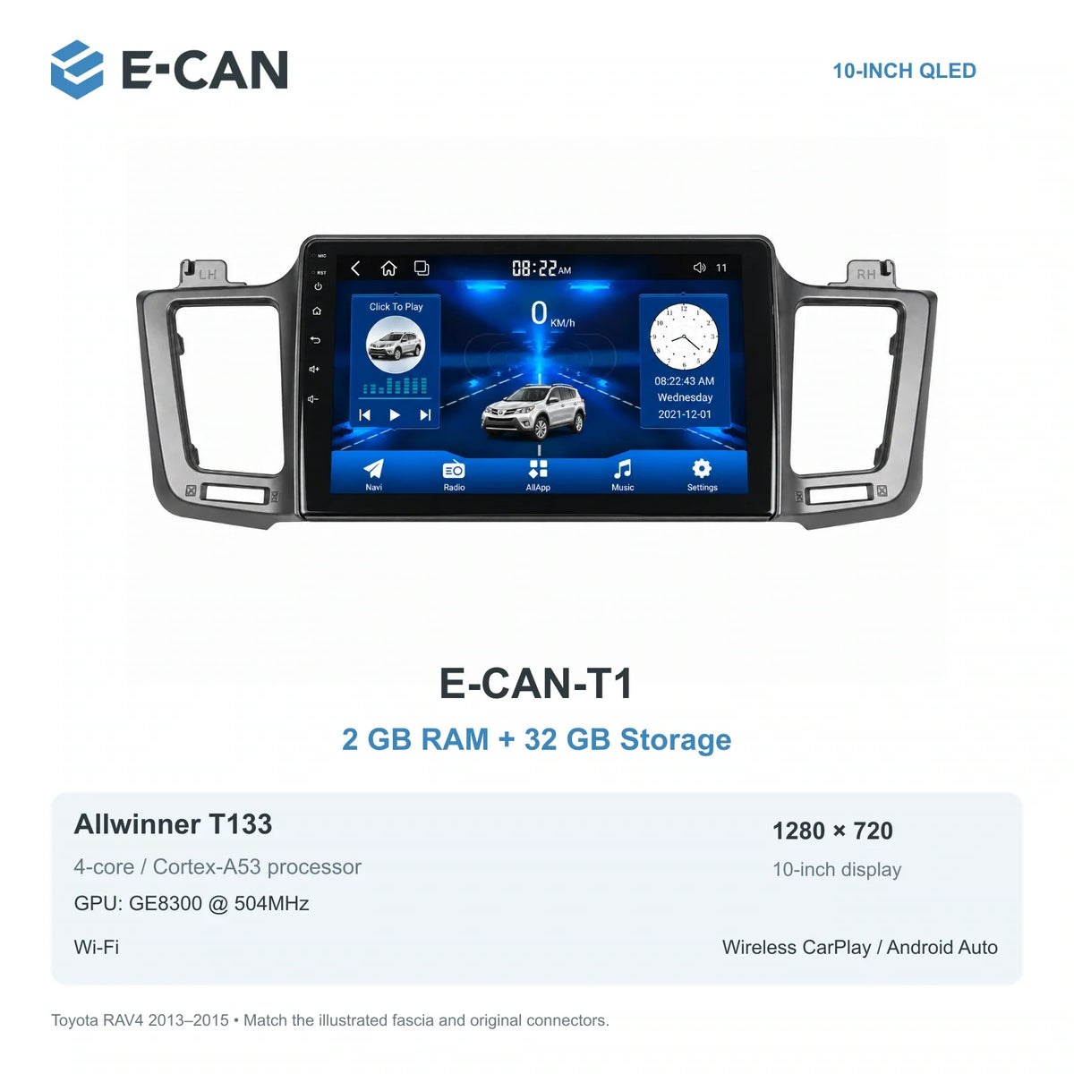E-CAN Toyota rav4 10-inch · 2013–2015 matched fascia E-CAN-T1 2GB + 32GB