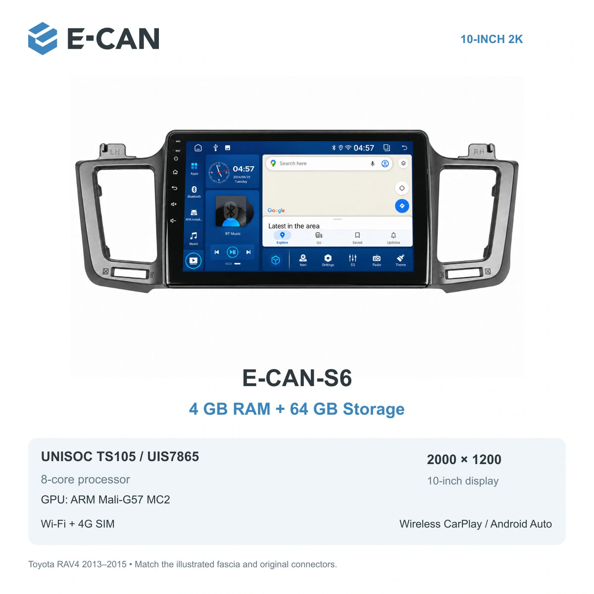 E-CAN Toyota rav4 10-inch · 2013–2015 matched fascia E-CAN-S6 4GB + 64GB