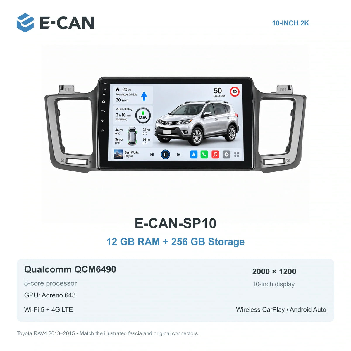 E-CAN Toyota rav4 10-inch · 2013–2015 matched fascia E-CAN-SP10 12GB + 256GB