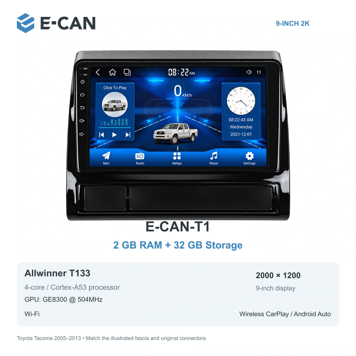 E-CAN Toyota tacoma 9-inch · 2005–2013 matched fascia E-CAN-T1 2GB + 32GB