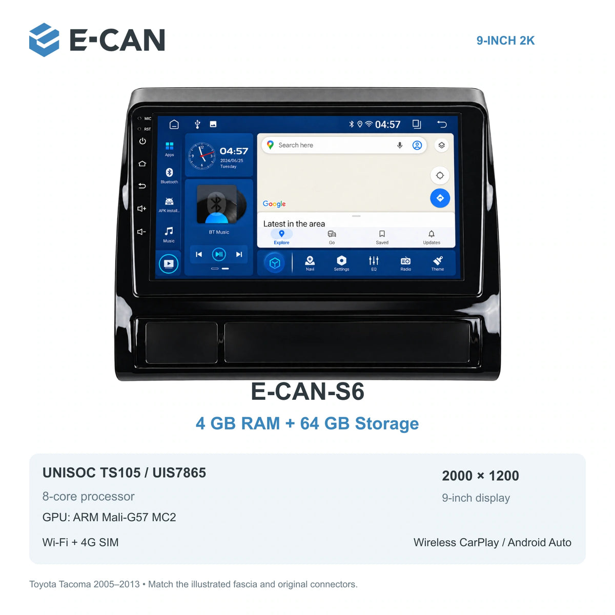 E-CAN Toyota tacoma 9-inch · 2005–2013 matched fascia E-CAN-S6 4GB + 64GB