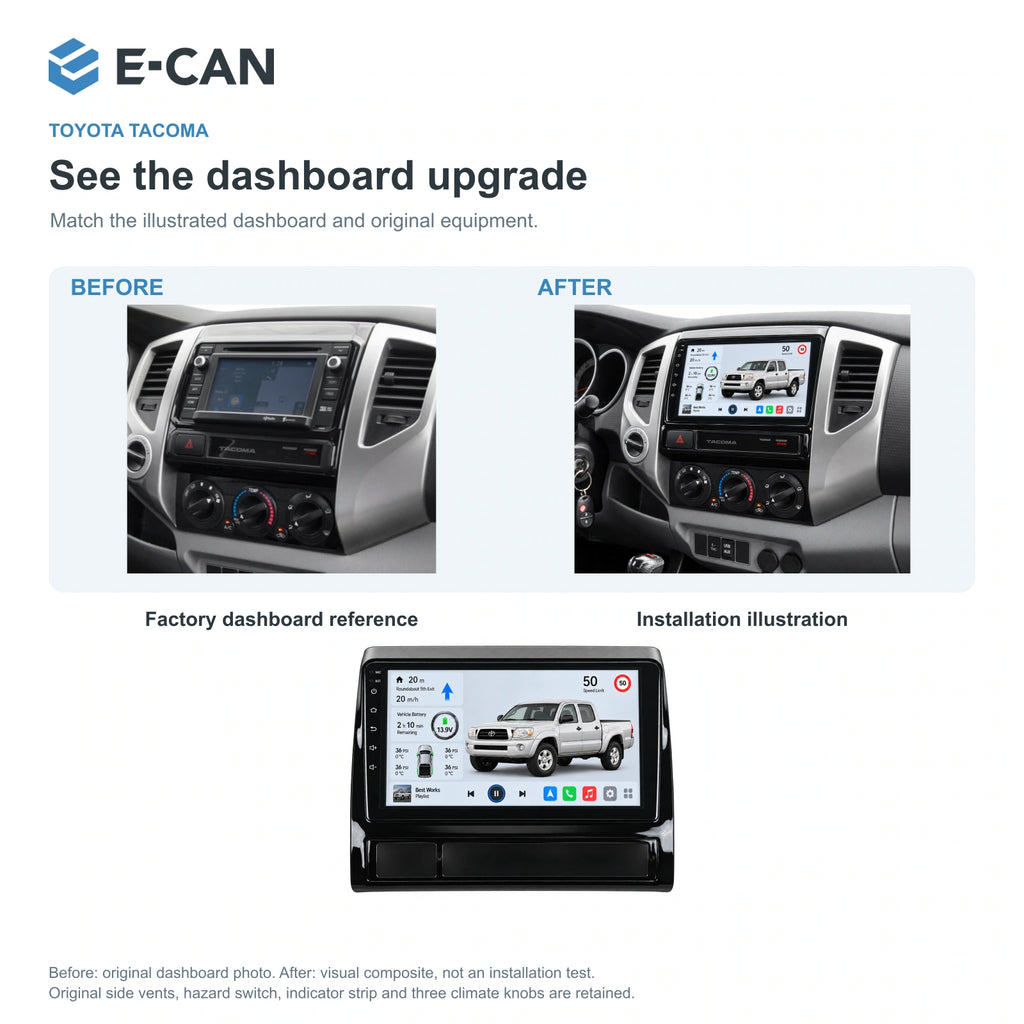 E-CAN Toyota tacoma 9-inch · 2005–2013 matched fascia factory dashboard and installation illustration