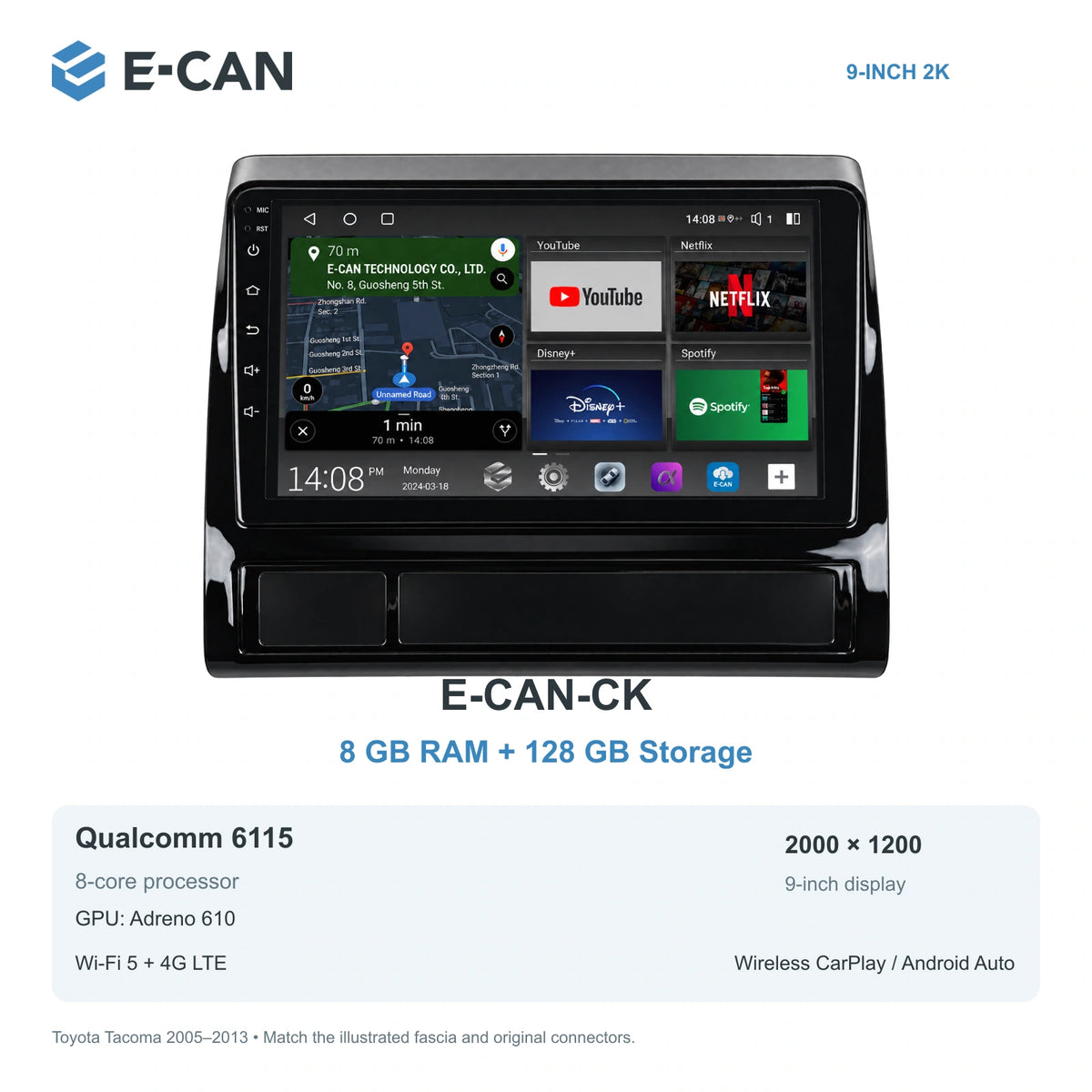 E-CAN Toyota tacoma 9-inch · 2005–2013 matched fascia E-CAN-CK 8GB + 128GB