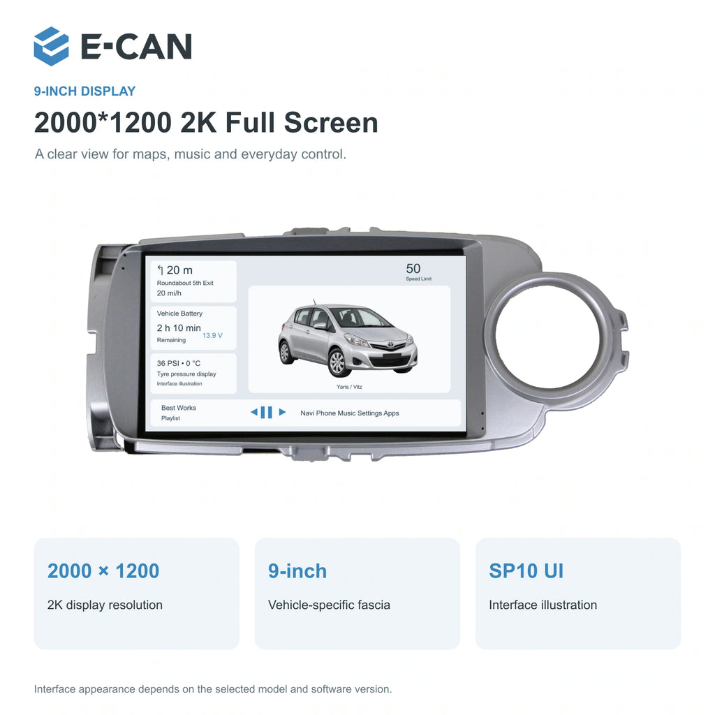 E-CAN Toyota yaris 9-inch · 2011–2014 matched fascia feature
