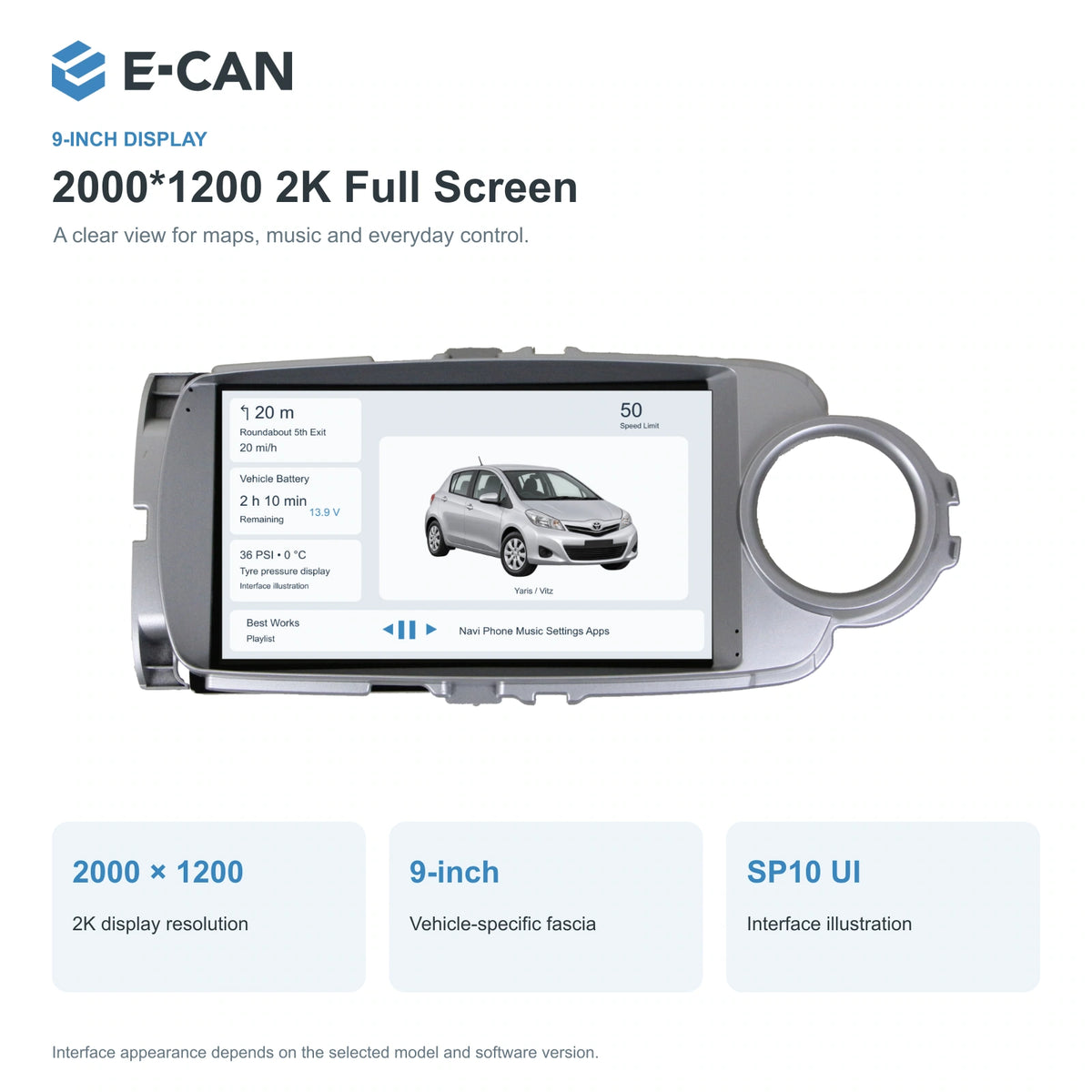 E-CAN Toyota yaris 9-inch · 2011–2014 matched fascia feature
