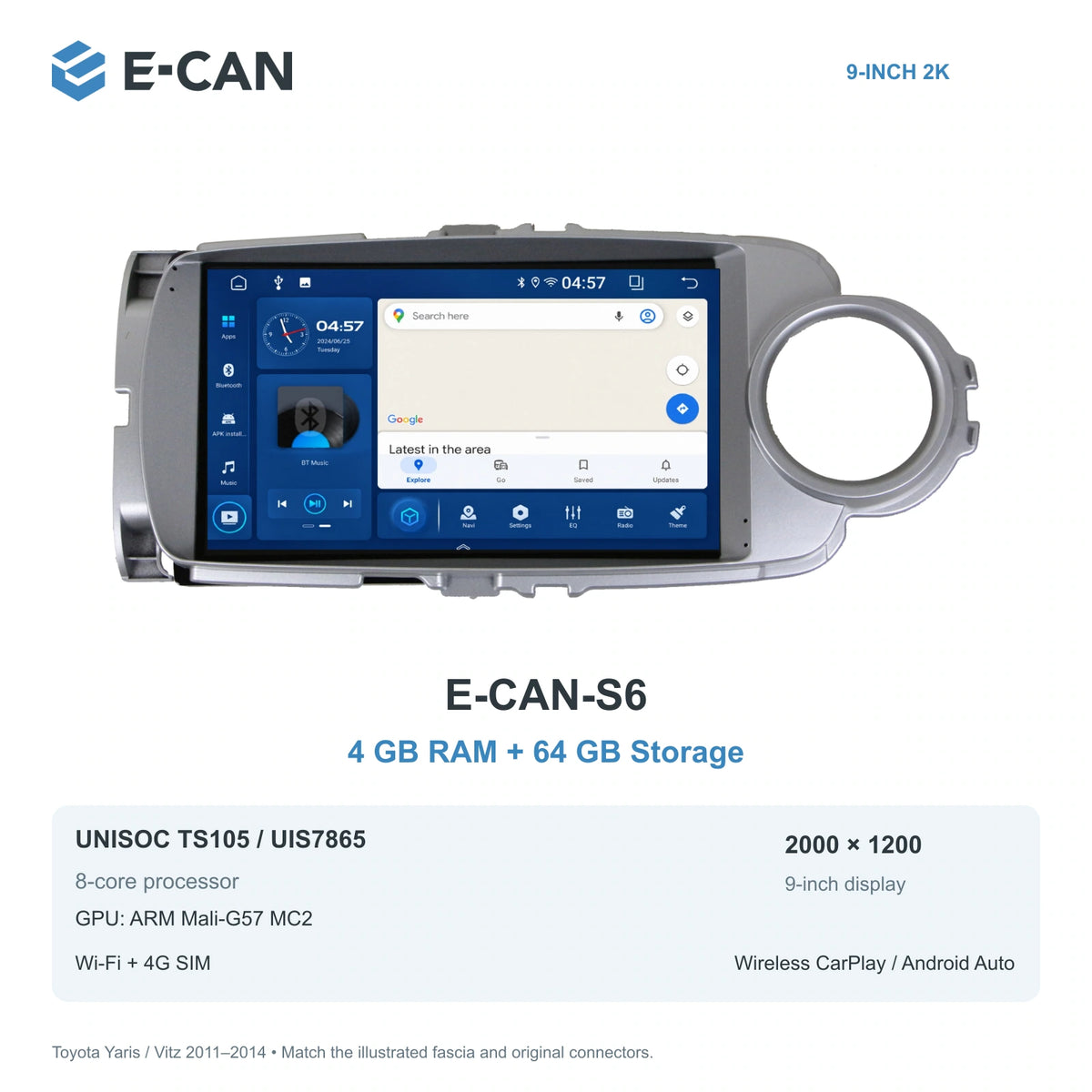 E-CAN Toyota yaris 9-inch · 2011–2014 matched fascia E-CAN-S6 4GB + 64GB