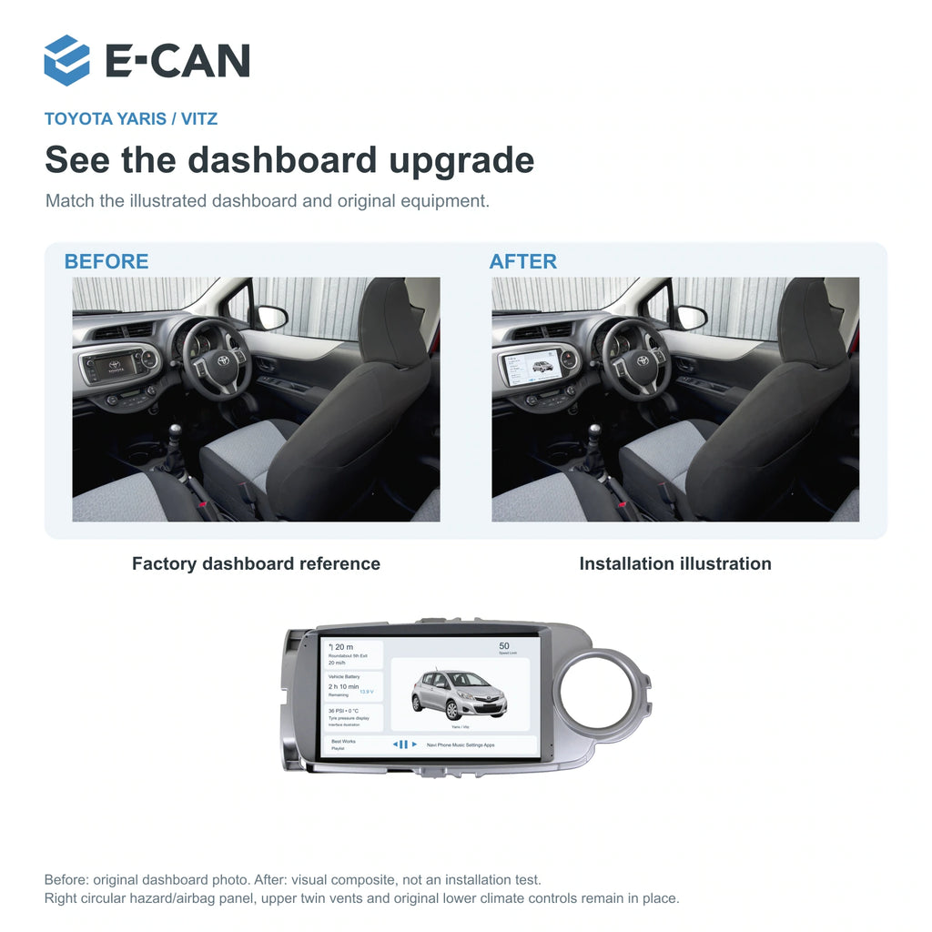 E-CAN Toyota yaris 9-inch · 2011–2014 matched fascia factory dashboard and installation illustration