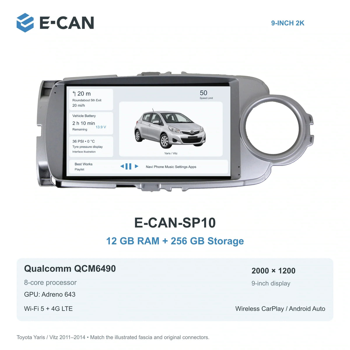 E-CAN Toyota yaris 9-inch · 2011–2014 matched fascia E-CAN-SP10 12GB + 256GB