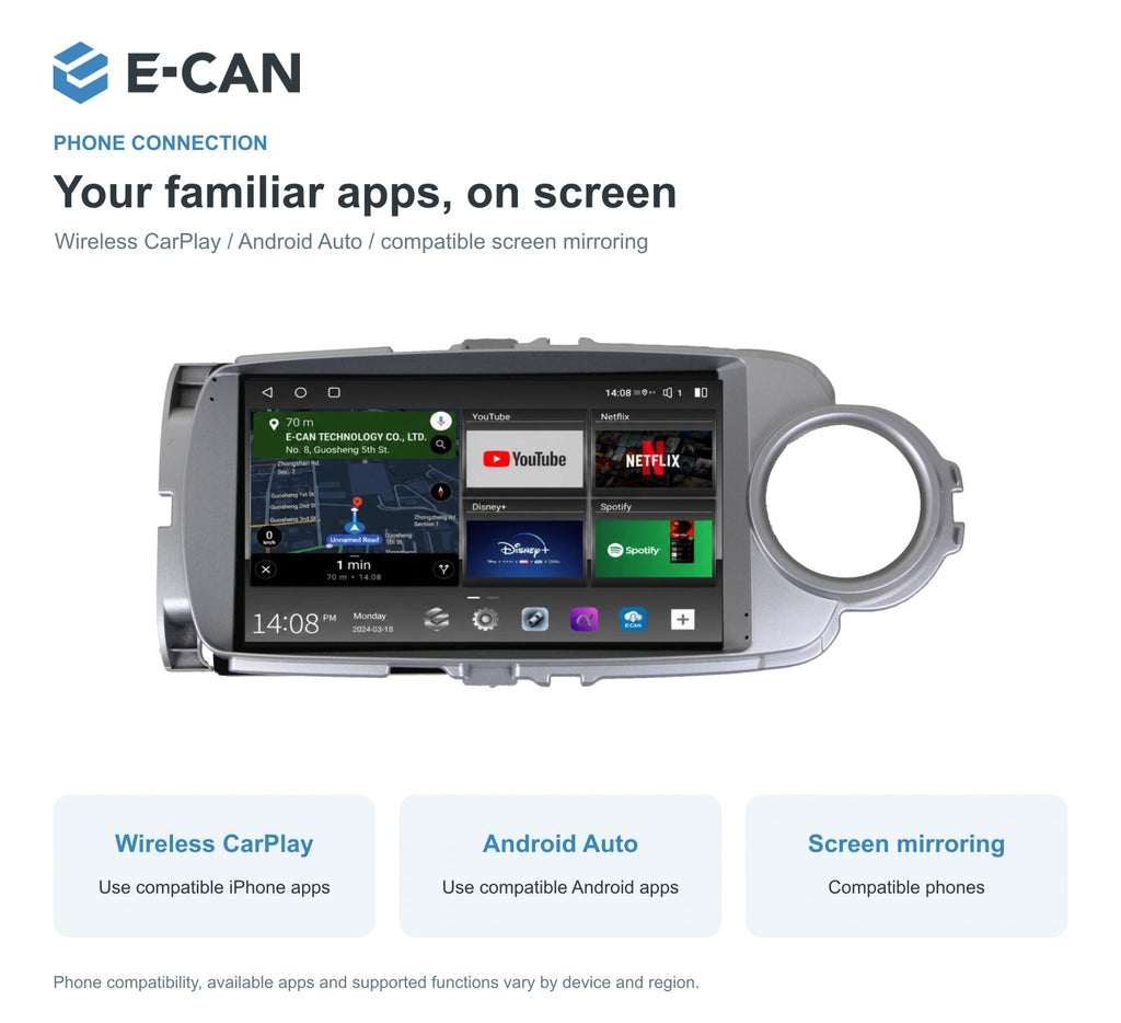 E-CAN Toyota yaris 9-inch · 2011–2014 matched fascia feature