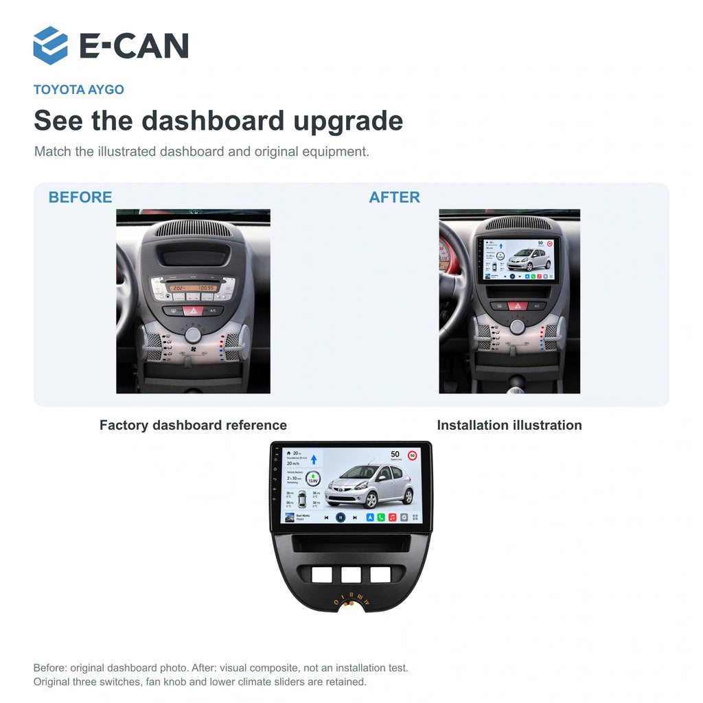 E-CAN Toyota aygo 10-inch · 2005–2013 matched fascia factory dashboard and installation illustration