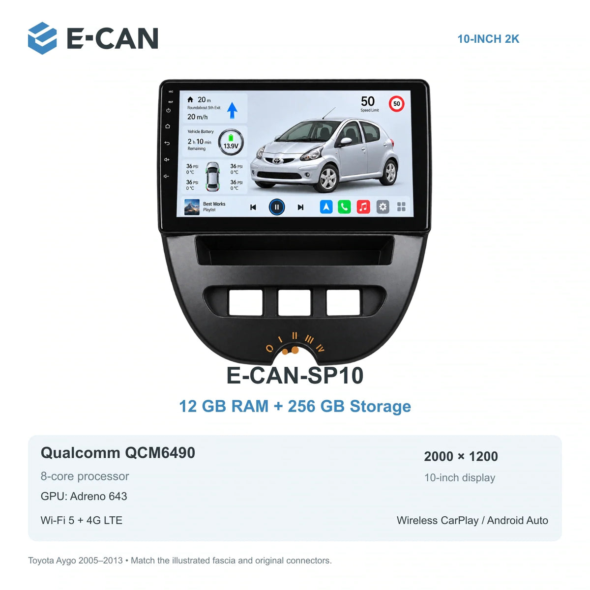 E-CAN Toyota aygo 10-inch · 2005–2013 matched fascia E-CAN-SP10 12GB + 256GB