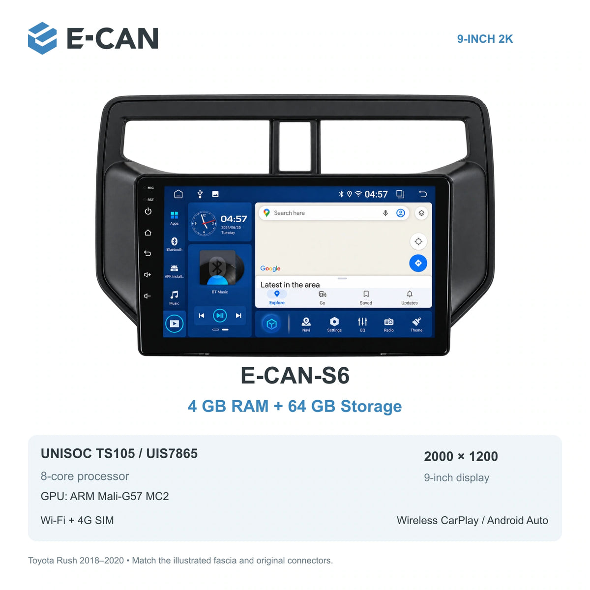 E-CAN Toyota rush 9-inch · 2018–2020 matched fascia E-CAN-S6 4GB + 64GB