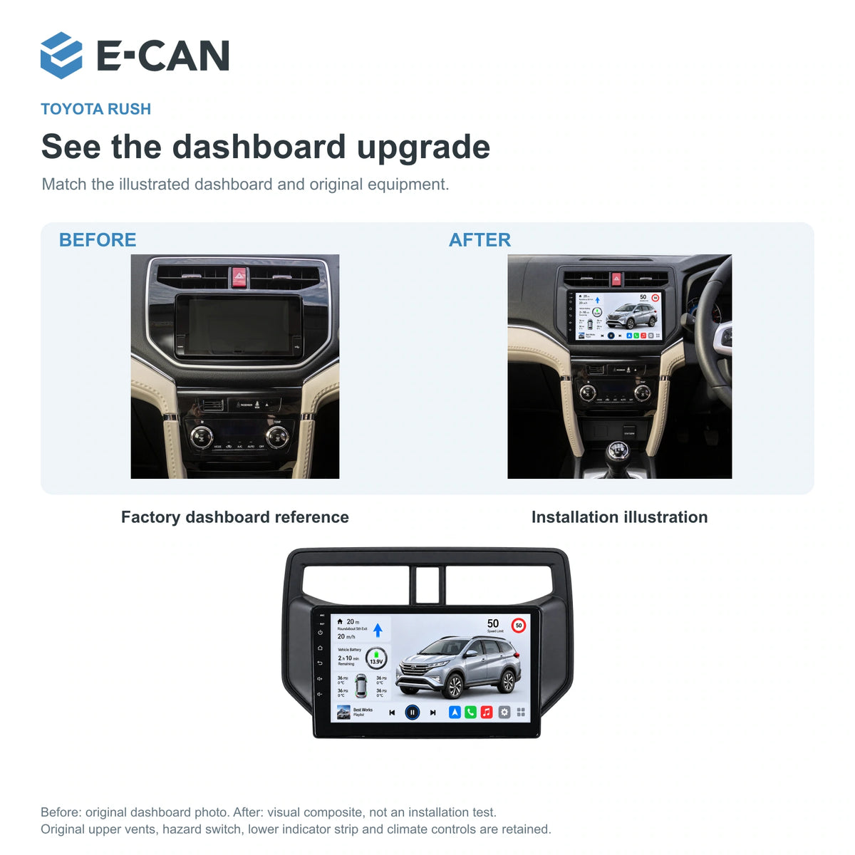 E-CAN Toyota rush 9-inch · 2018–2020 matched fascia factory dashboard and installation illustration