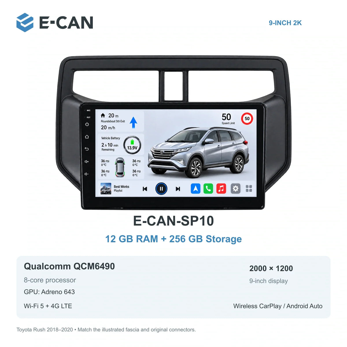 E-CAN Toyota rush 9-inch · 2018–2020 matched fascia E-CAN-SP10 12GB + 256GB