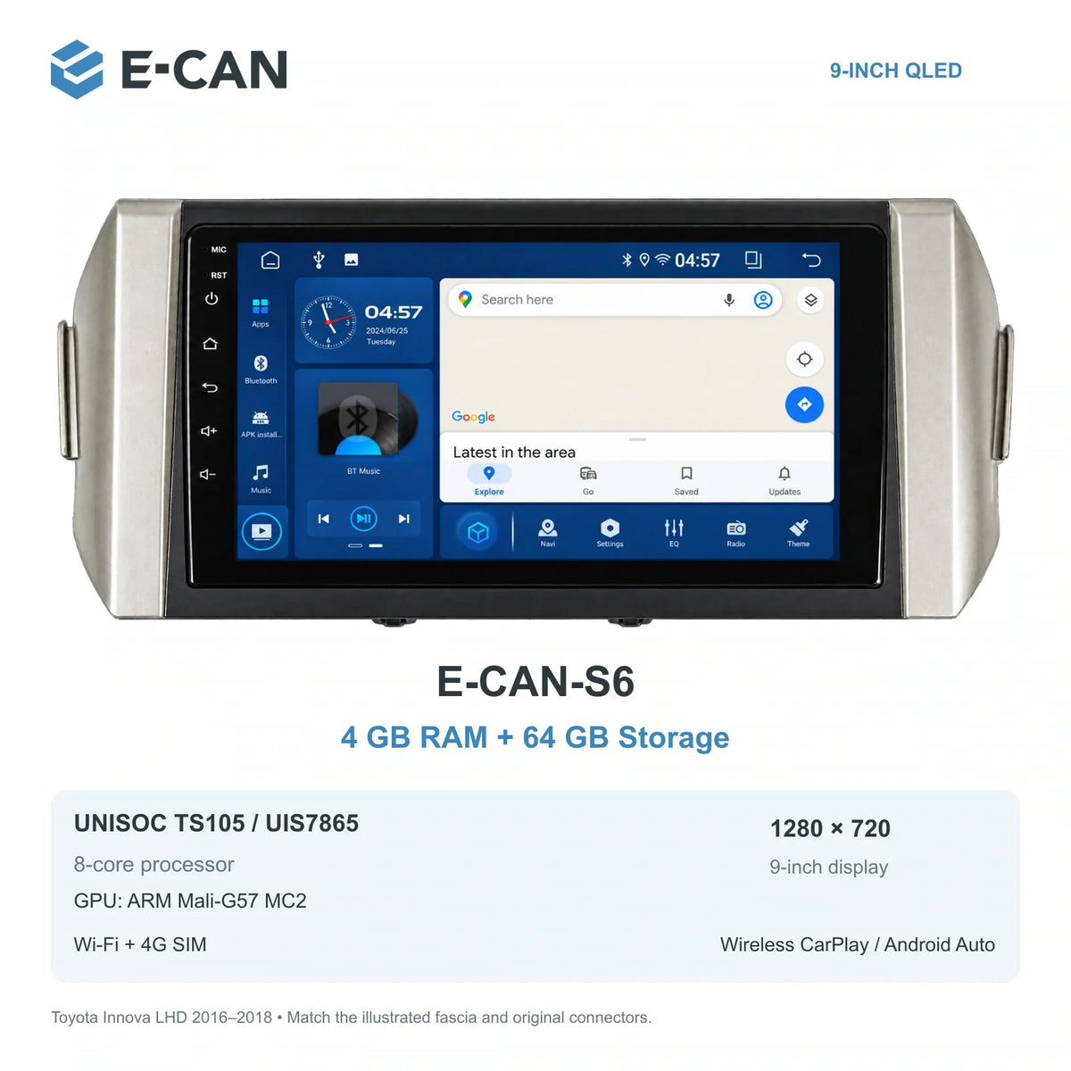 E-CAN Toyota innova 9-inch · 2016–2018 matched fascia E-CAN-S6 4GB + 64GB