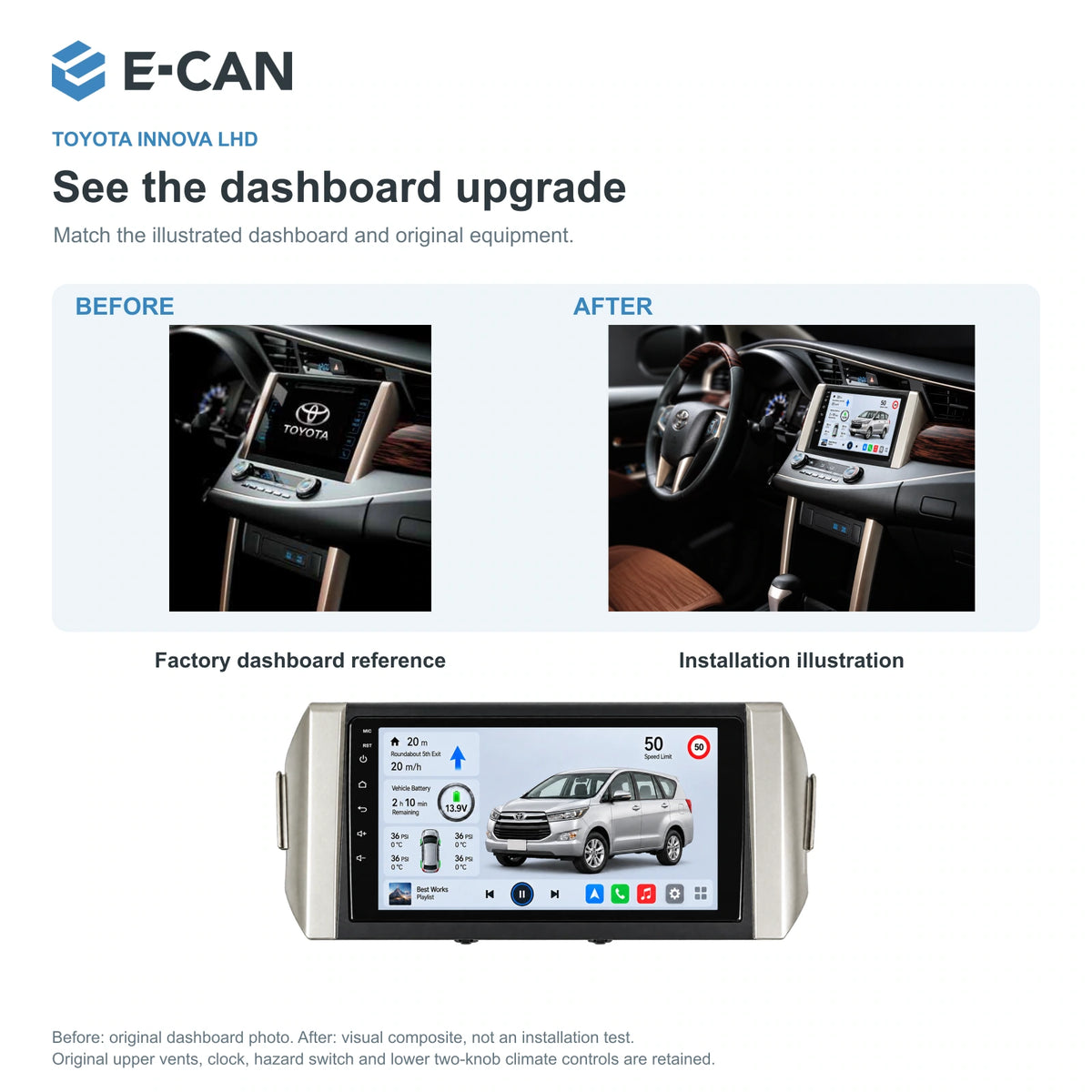 E-CAN Toyota innova 9-inch · 2016–2018 matched fascia factory dashboard and installation illustration