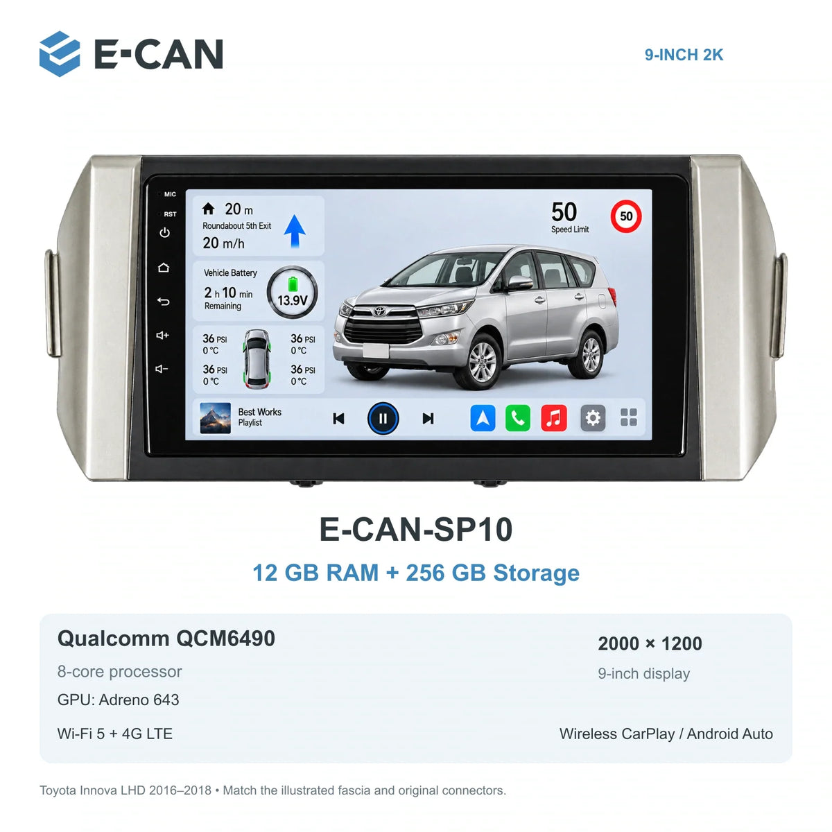 E-CAN Toyota innova 9-inch · 2016–2018 matched fascia E-CAN-SP10 12GB + 256GB