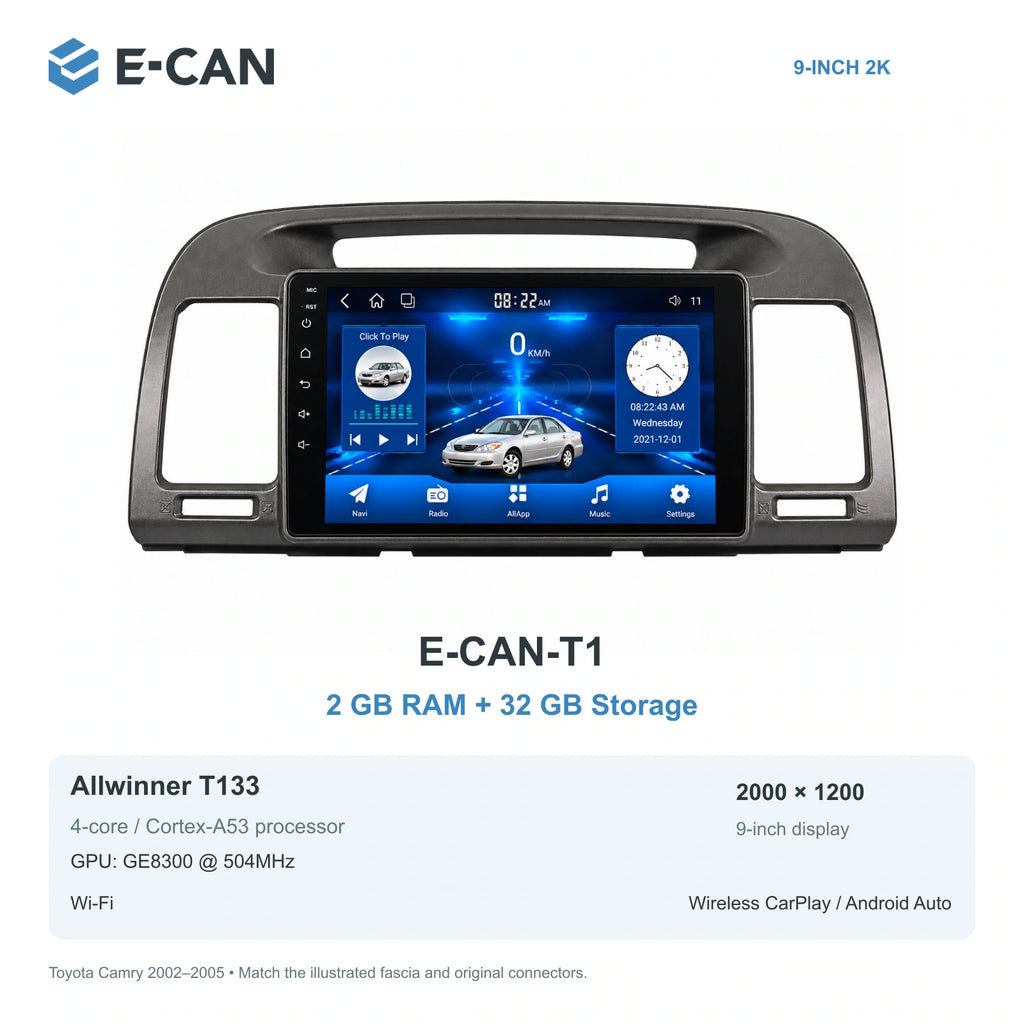 E-CAN Toyota camry 9-inch · 2002–2005 matched fascia E-CAN-T1 2GB + 32GB