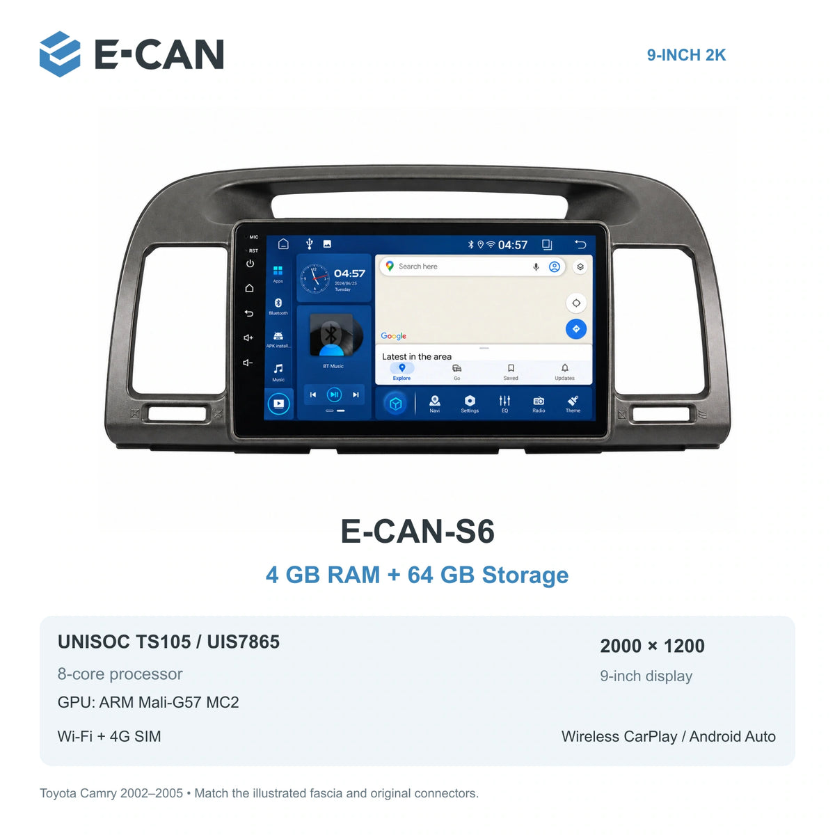 E-CAN Toyota camry 9-inch · 2002–2005 matched fascia E-CAN-S6 4GB + 64GB