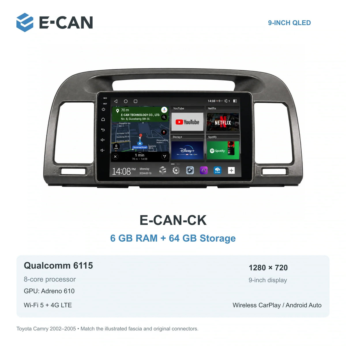 E-CAN Toyota camry 9-inch · 2002–2005 matched fascia E-CAN-CK 6GB + 64GB