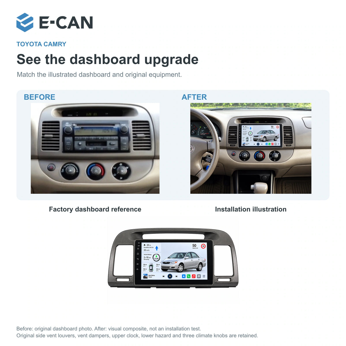 E-CAN Toyota camry 9-inch · 2002–2005 matched fascia factory dashboard and installation illustration