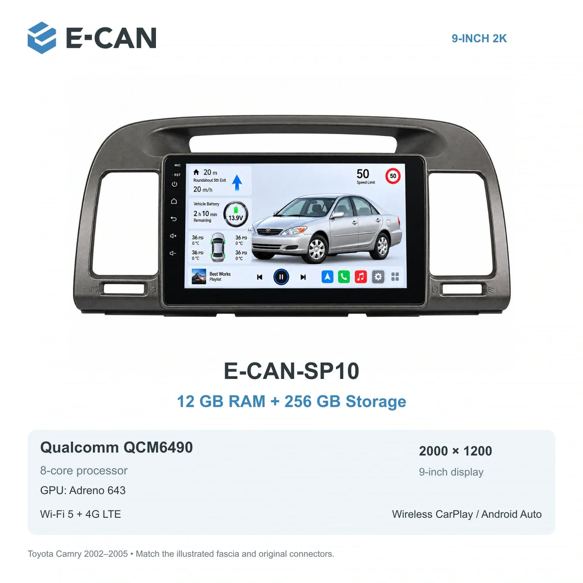 E-CAN Toyota camry 9-inch · 2002–2005 matched fascia E-CAN-SP10 12GB + 256GB